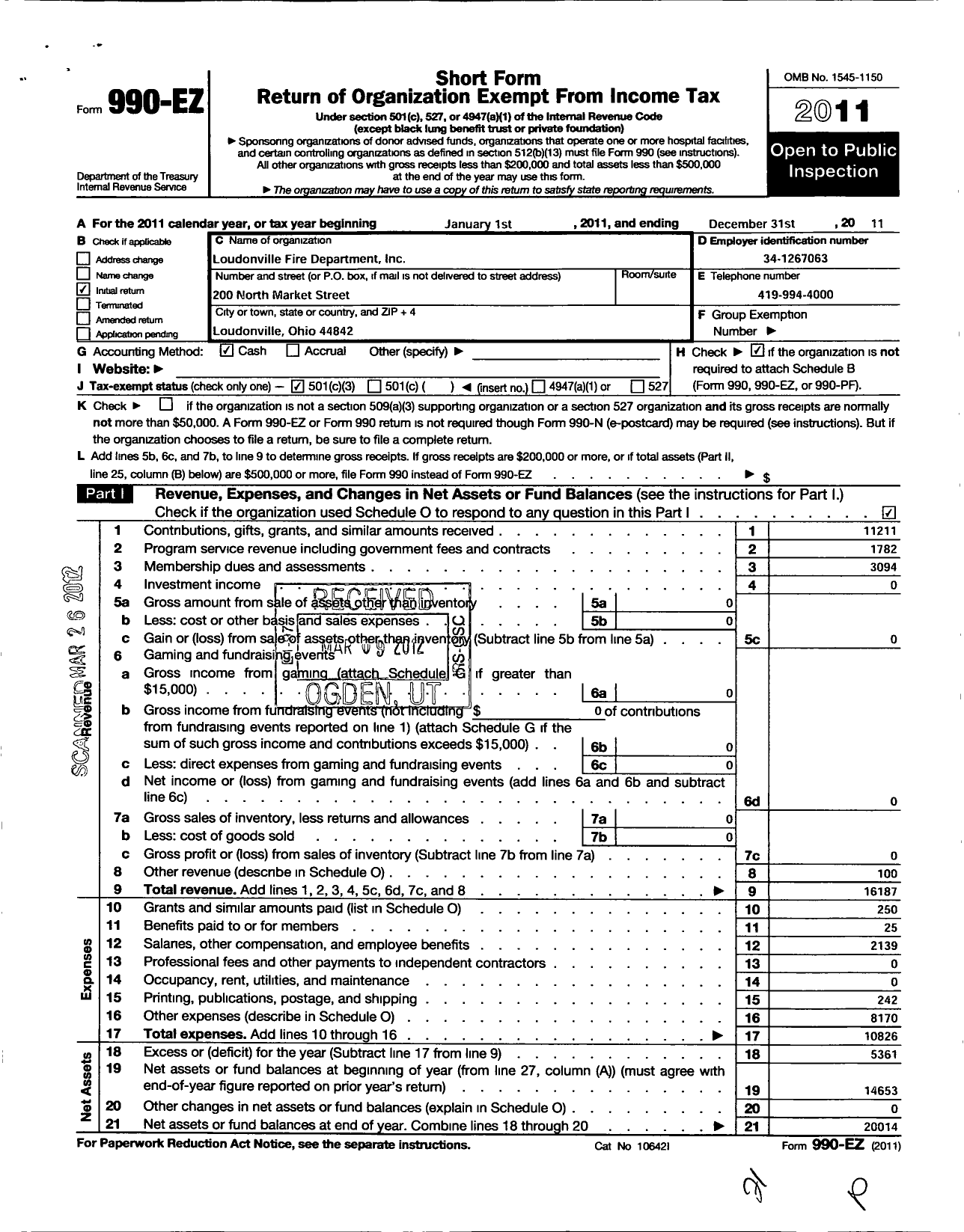 Image of first page of 2011 Form 990EZ for Loudonville Fire Department