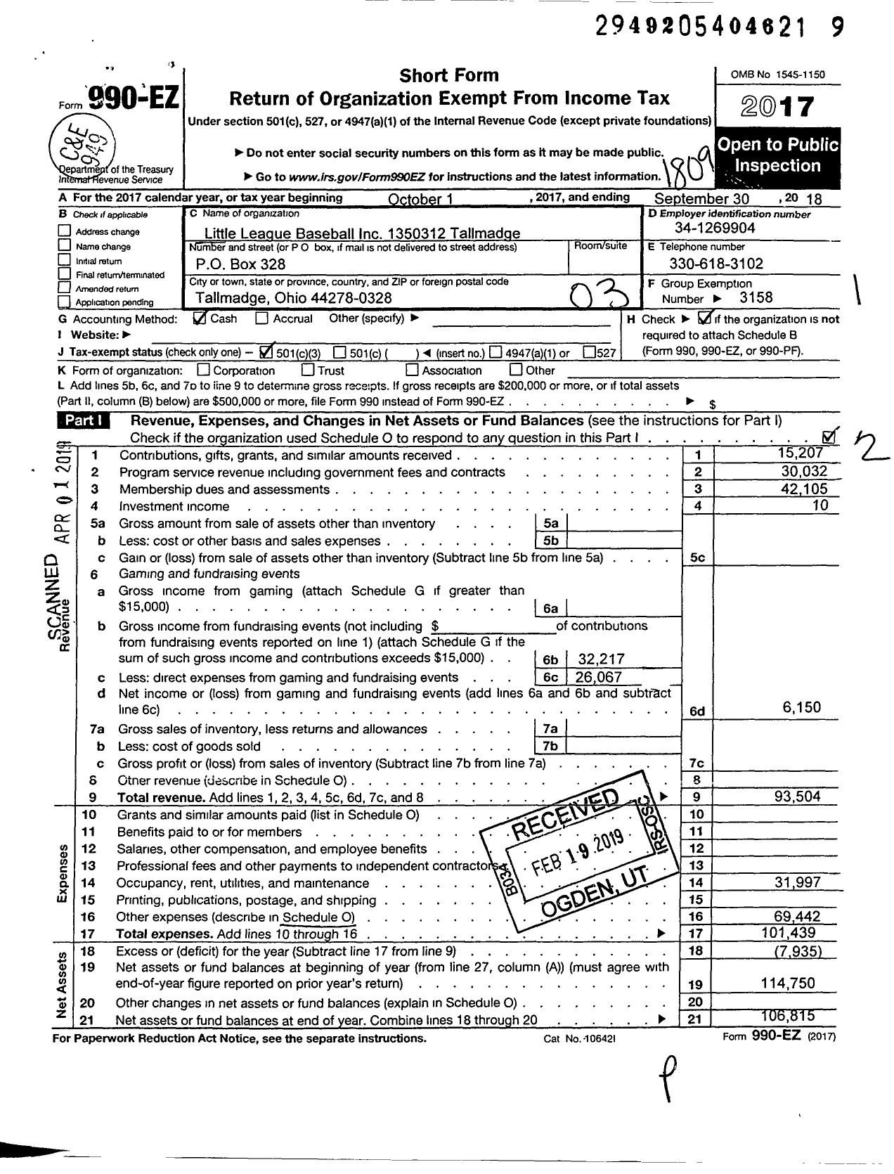 Image of first page of 2017 Form 990EZ for Little League Baseball 1350312 Tallmadge