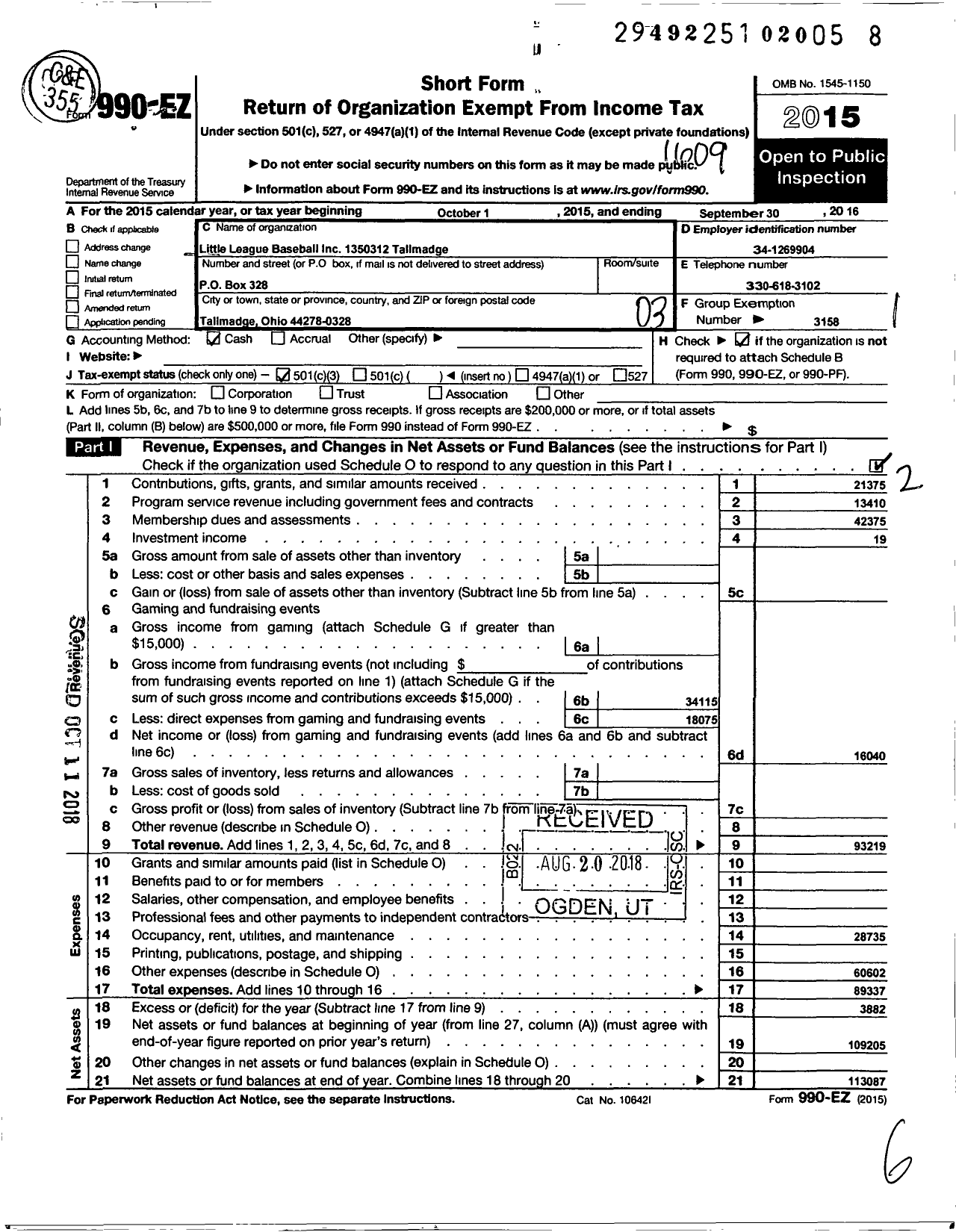 Image of first page of 2015 Form 990EZ for Little League Baseball 1350312 Tallmadge