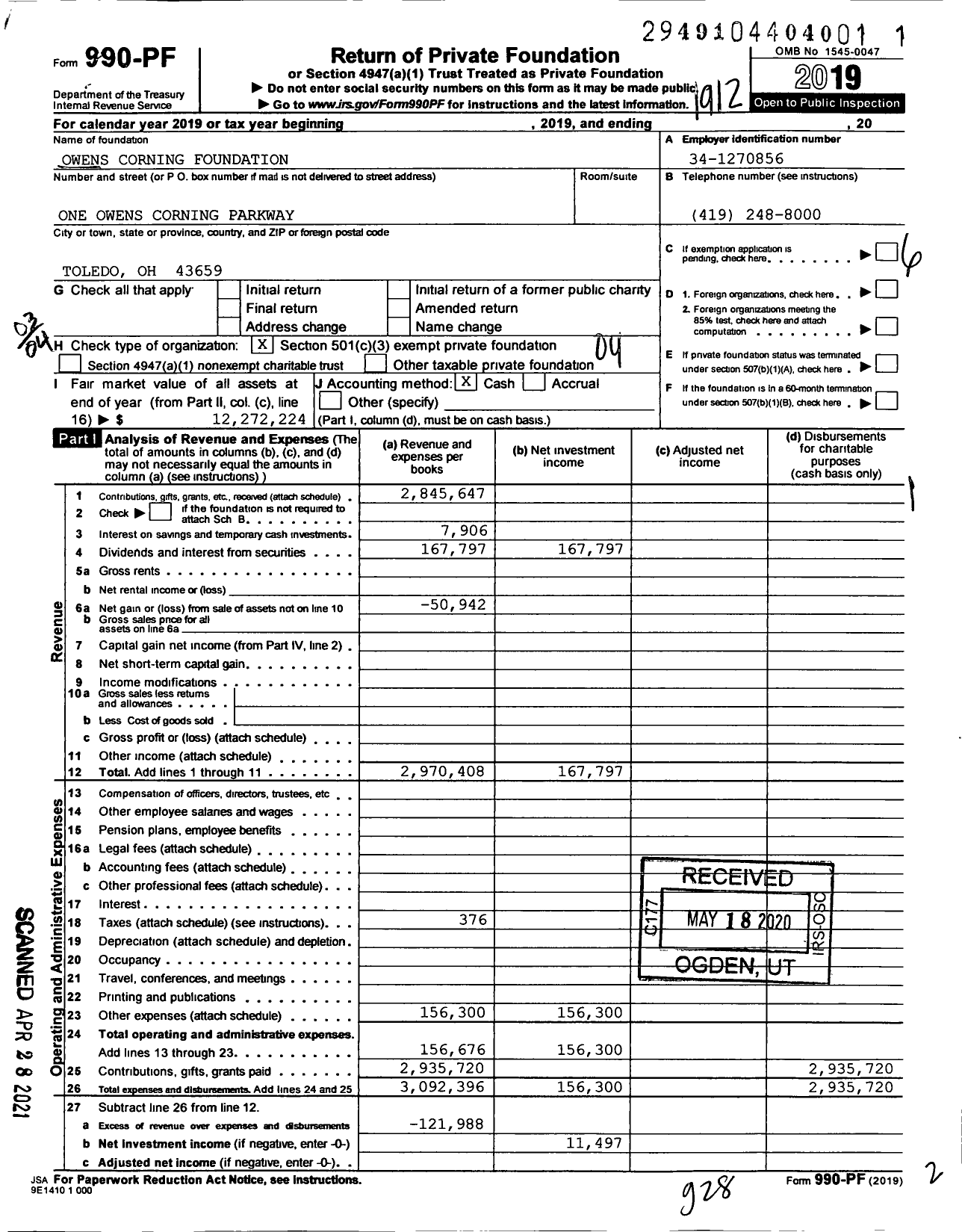 Image of first page of 2019 Form 990PF for Owens Corning Foundation
