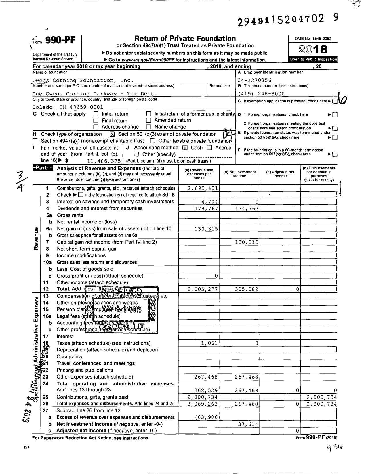 Image of first page of 2018 Form 990PF for Owens Corning Foundation