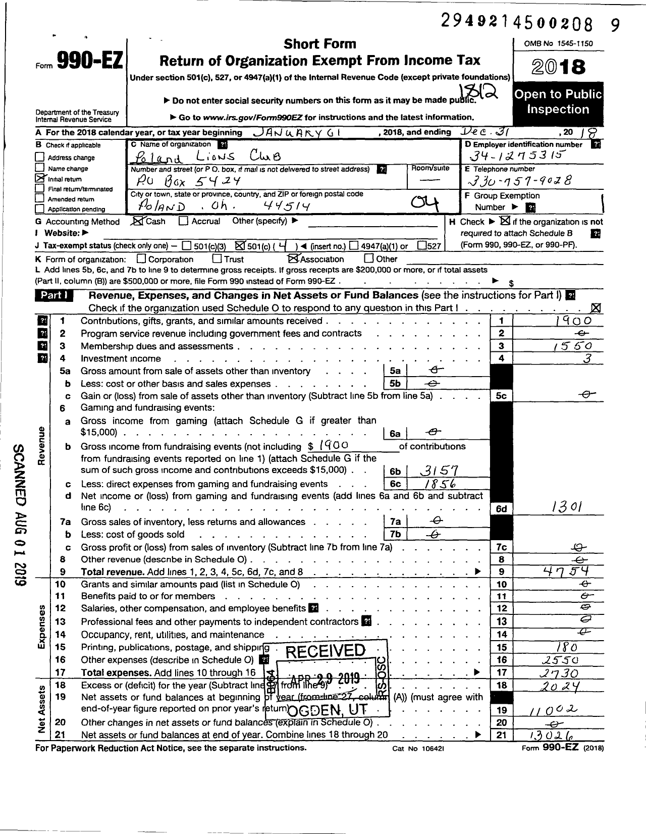 Image of first page of 2018 Form 990EO for Lions Clubs - 55406 Poland