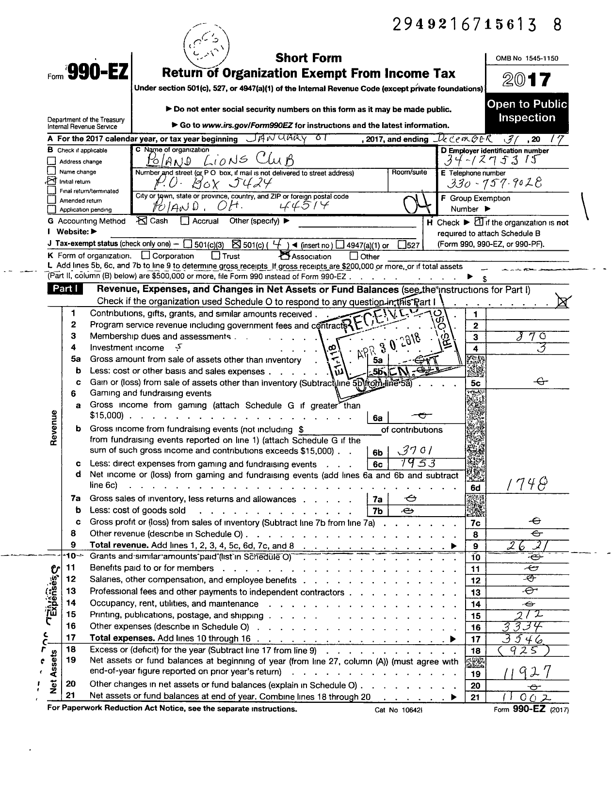 Image of first page of 2017 Form 990EO for Lions Clubs - 55406 Poland