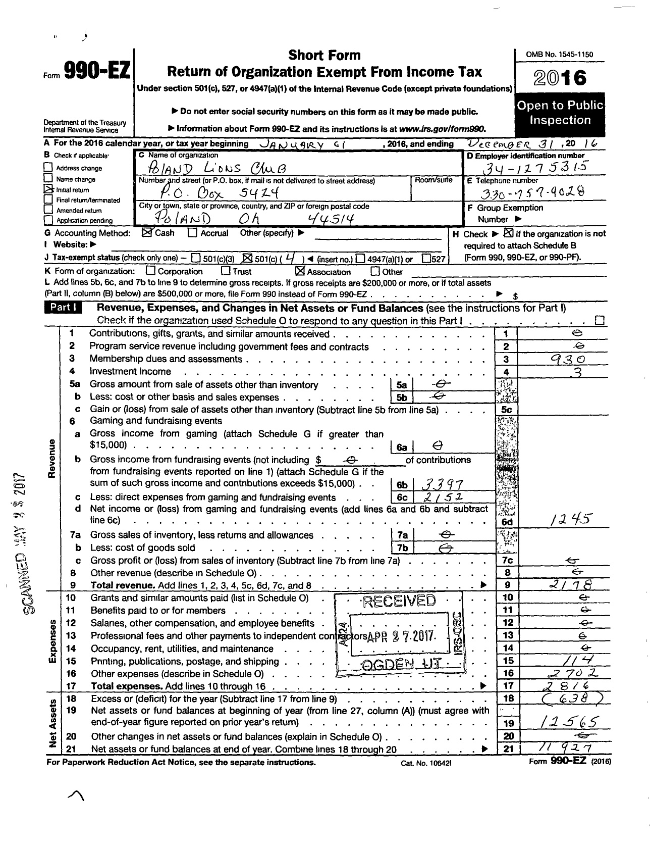 Image of first page of 2016 Form 990EO for Lions Clubs - 55406 Poland