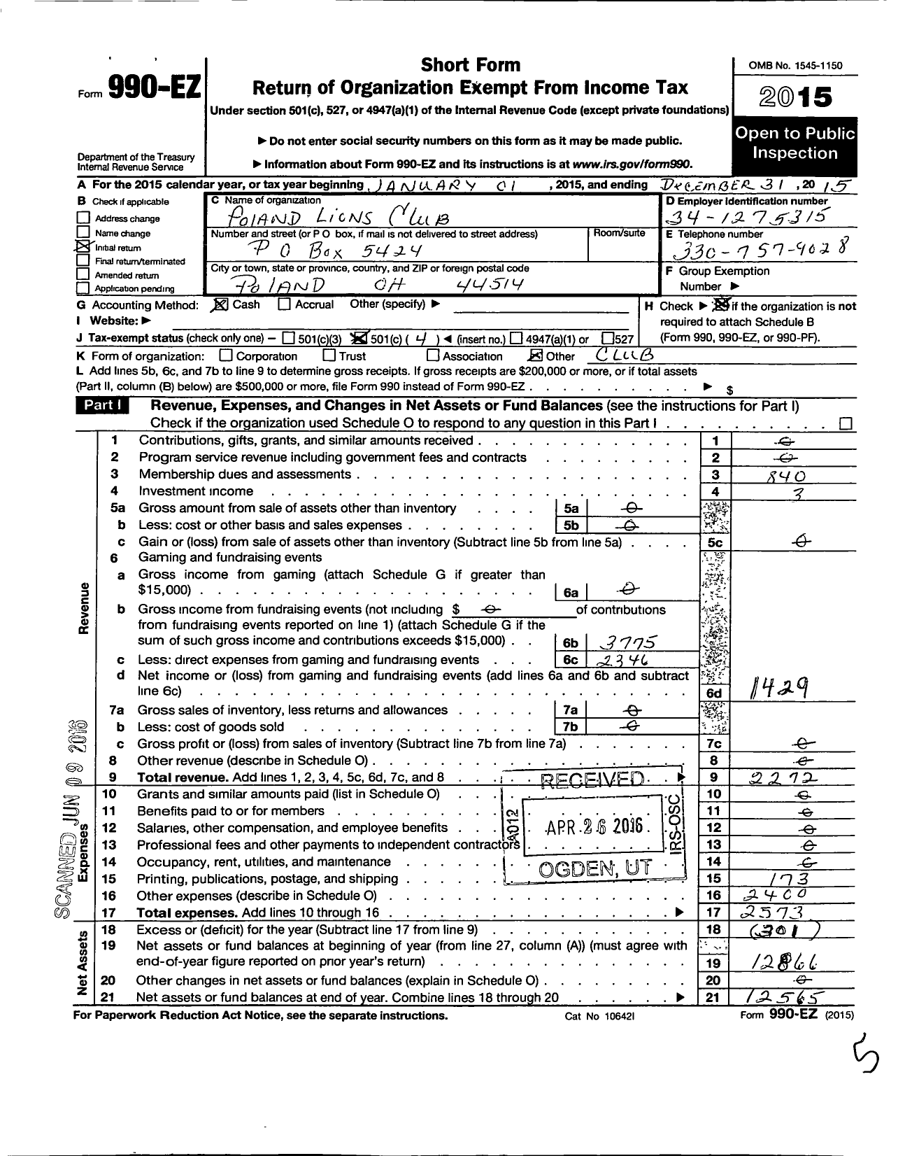 Image of first page of 2015 Form 990EO for Lions Clubs - 55406 Poland