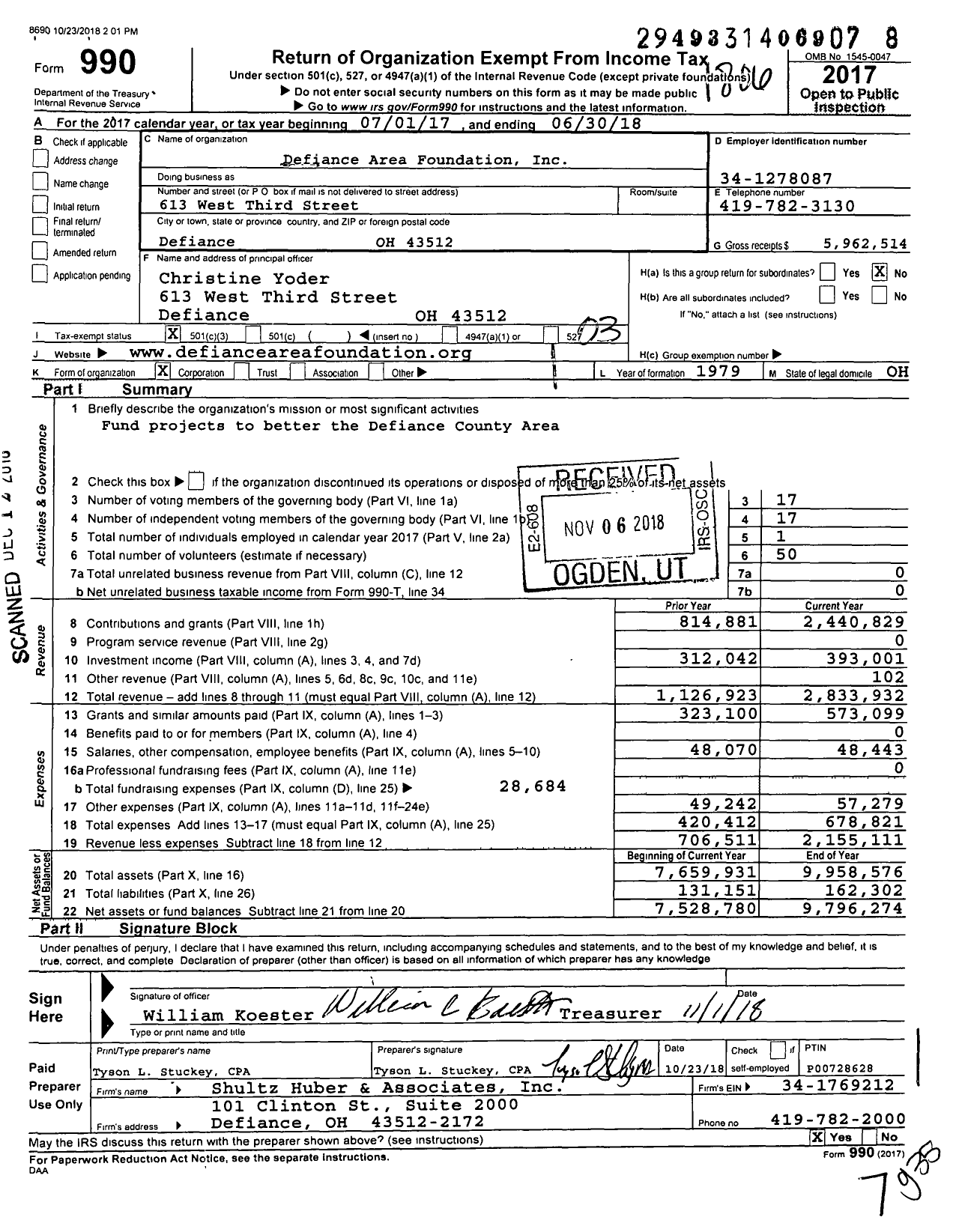 Image of first page of 2017 Form 990 for Defiance Area Foundation