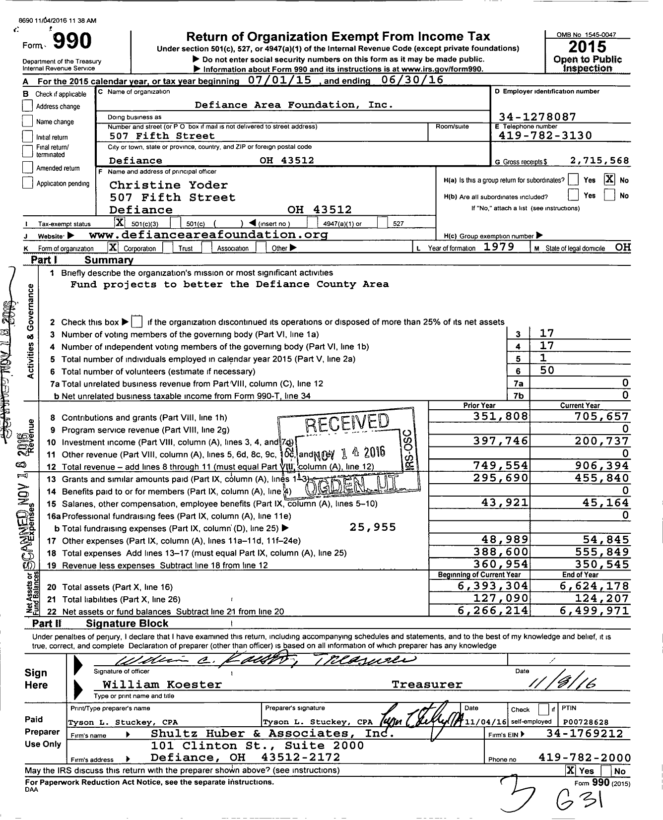 Image of first page of 2015 Form 990 for Defiance Area Foundation