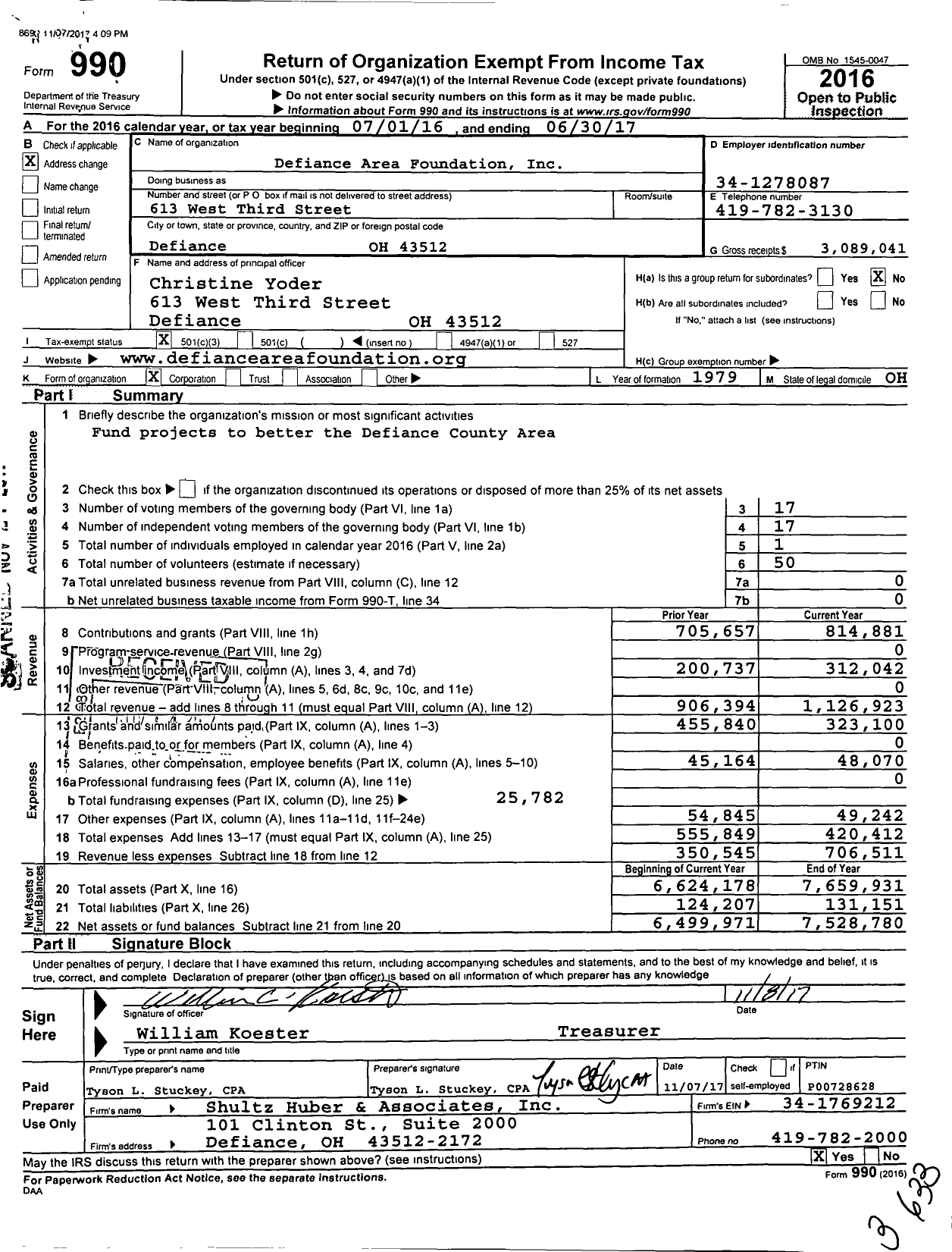 Image of first page of 2016 Form 990 for Defiance Area Foundation