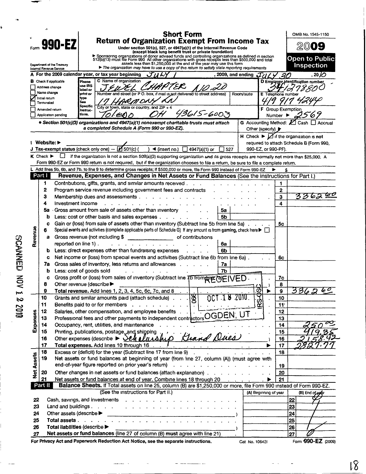 Image of first page of 2009 Form 990EO for Order of the Eastern Star of Ohio and Jurisdiction Prince Hall Affiliati - 20 Jewell Chapter