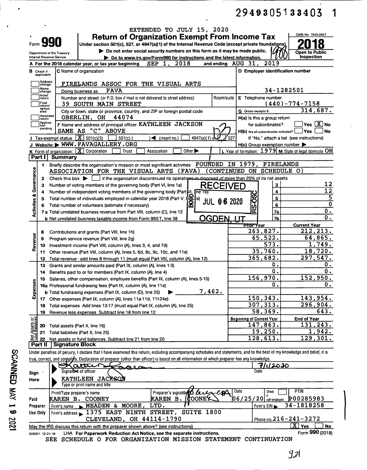 Image of first page of 2018 Form 990 for Firelands Association for the Visual Arts