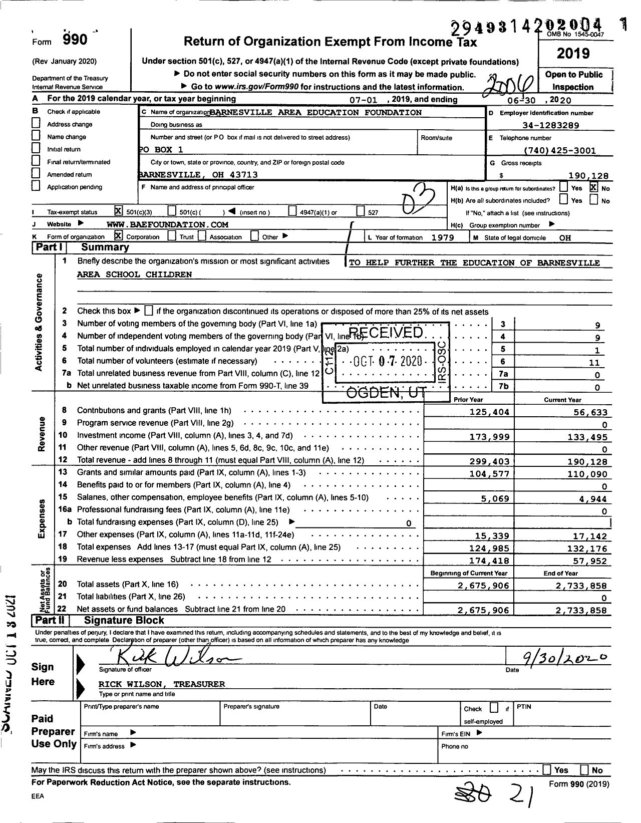 Image of first page of 2019 Form 990 for Barnesville Area Education Foundation