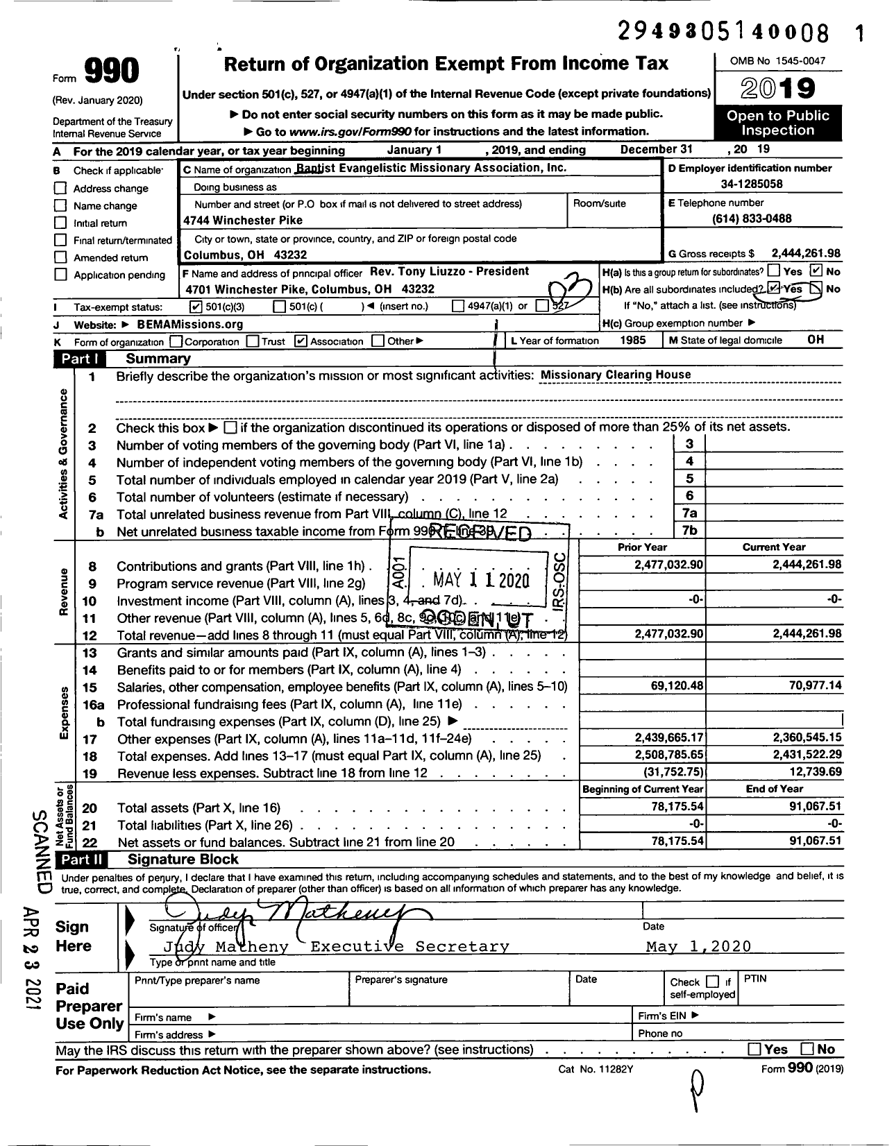 Image of first page of 2019 Form 990 for Baptist Evangelistic Missionary Association