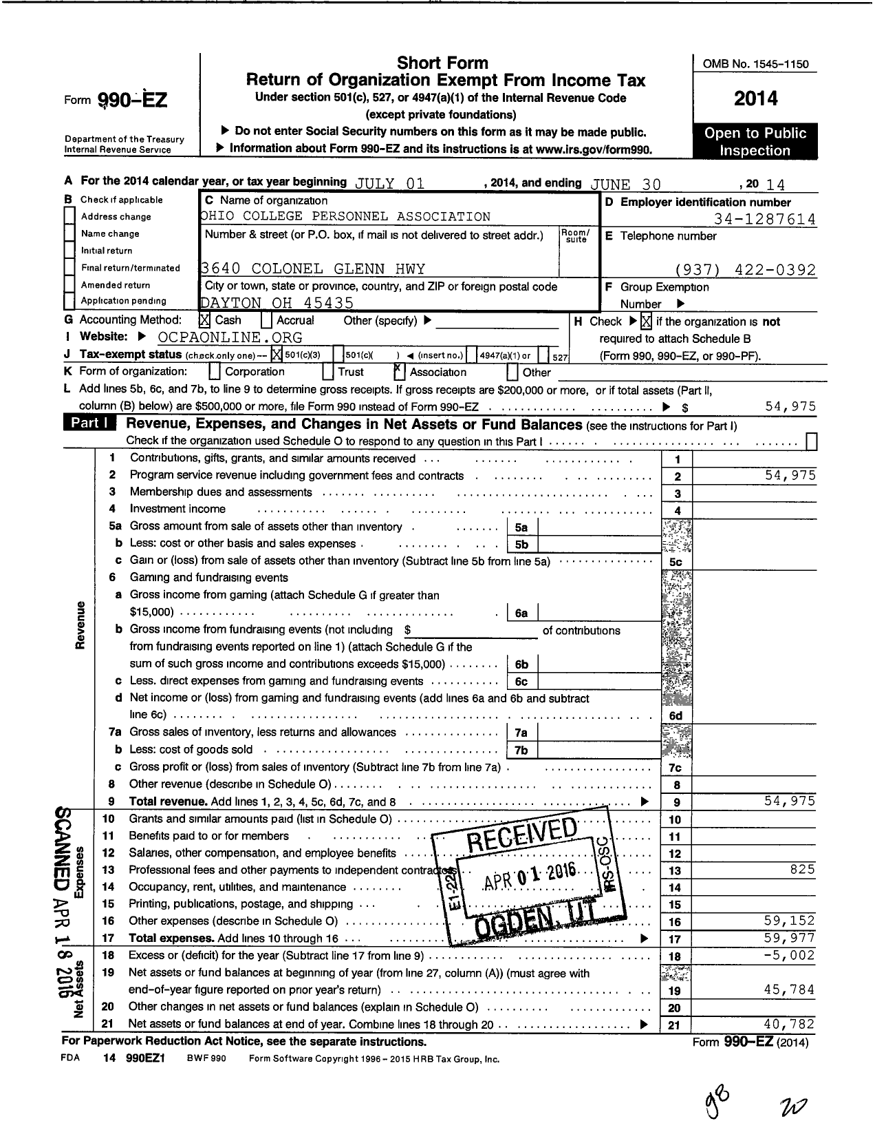 Image of first page of 2013 Form 990EZ for Ohio College Personnel Association