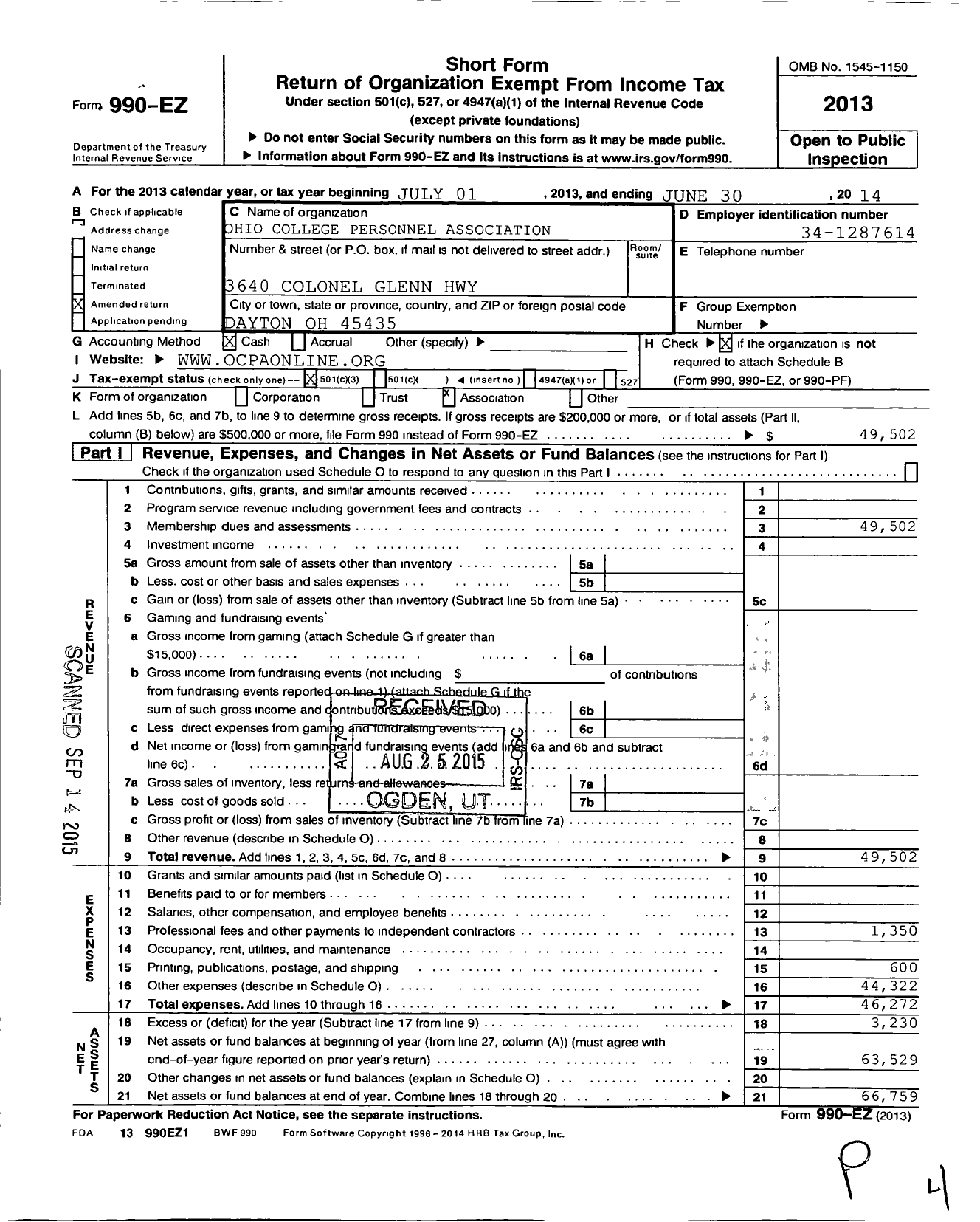 Image of first page of 2013 Form 990EZ for Ohio College Personnel Association