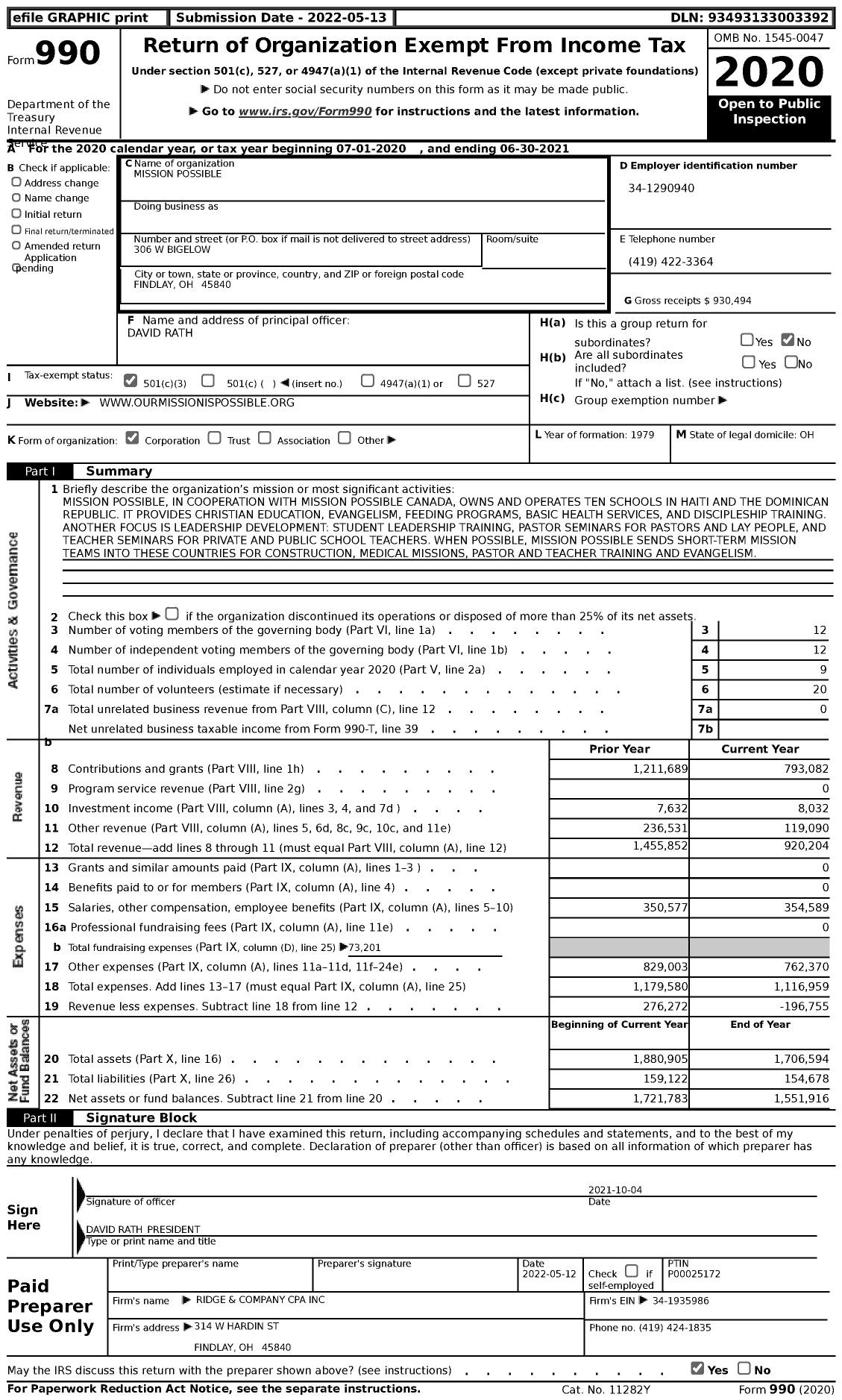 Image of first page of 2020 Form 990 for Mission Possible