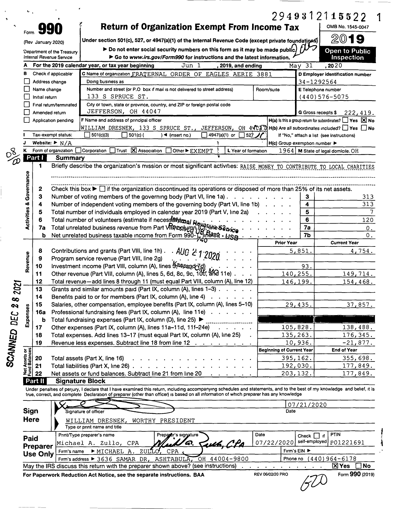 Image of first page of 2019 Form 990O for Fraternal Order of Eagles - 3881 Aerie