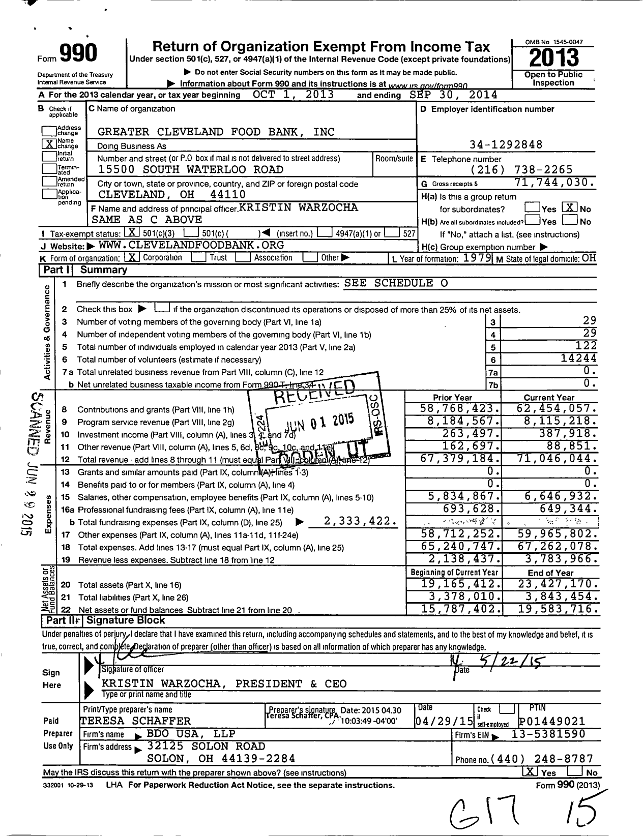 Image of first page of 2013 Form 990 for Greater Cleveland Food Bank