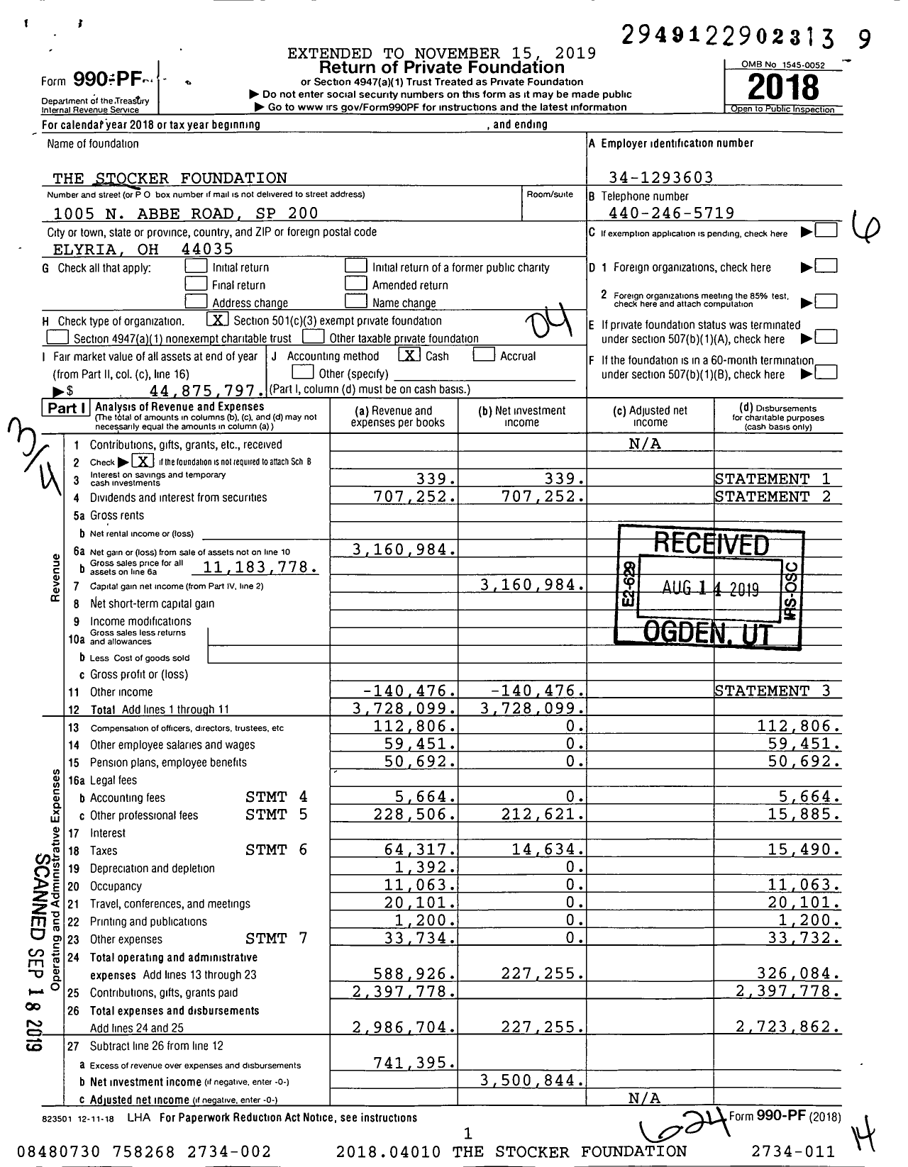 Image of first page of 2018 Form 990PF for The Stocker Foundation