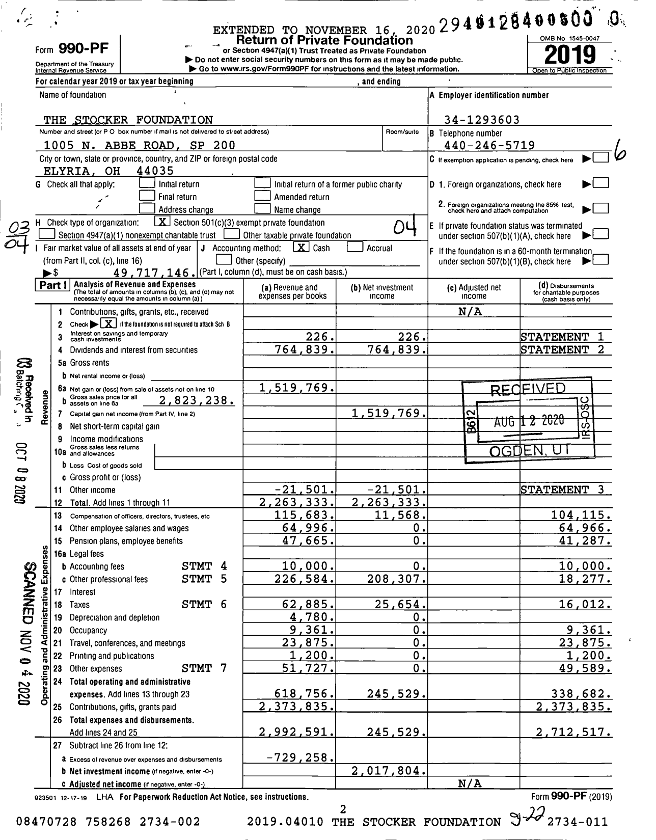 Image of first page of 2019 Form 990PF for The Stocker Foundation