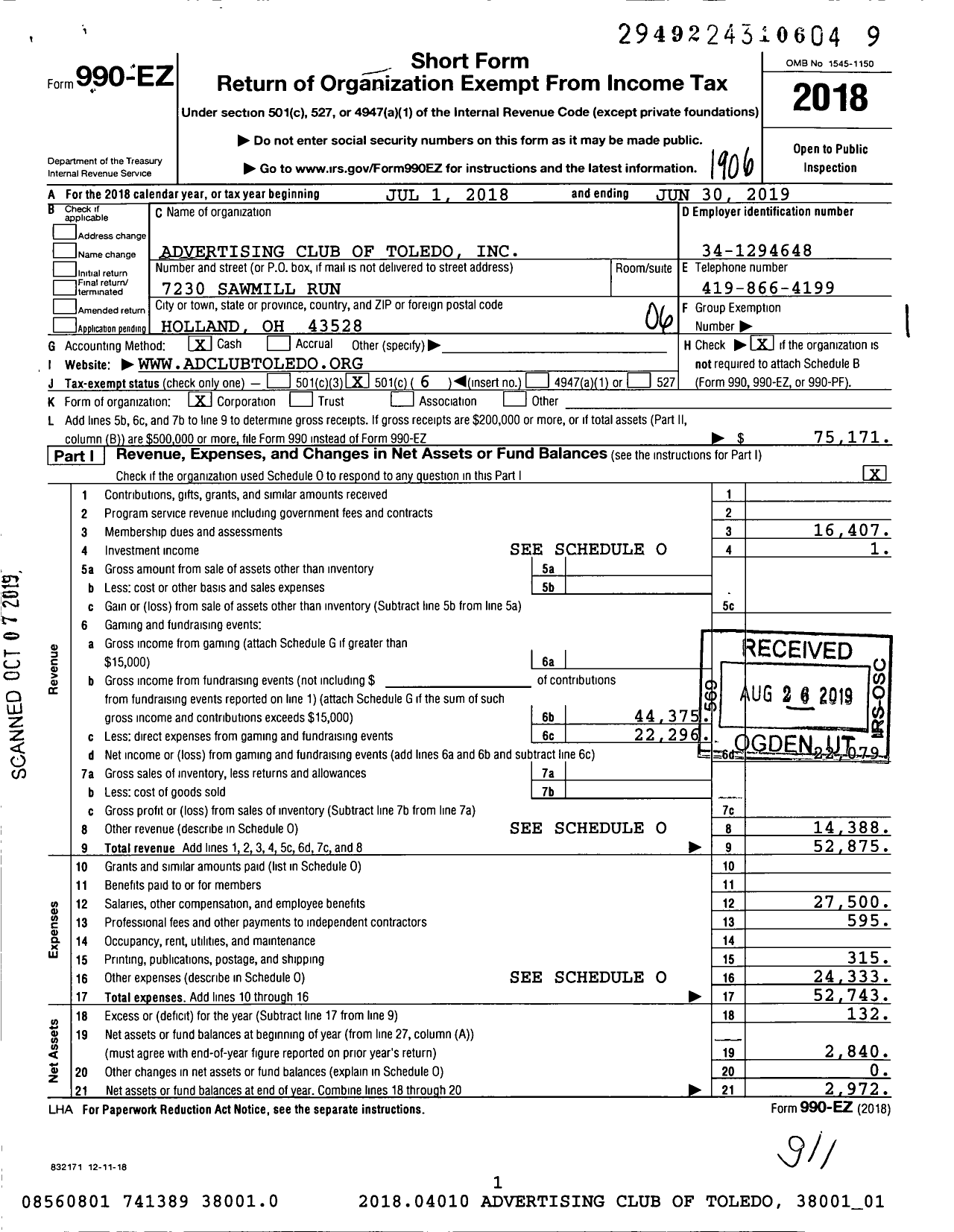 Image of first page of 2018 Form 990EO for Advertising Club of Toledo