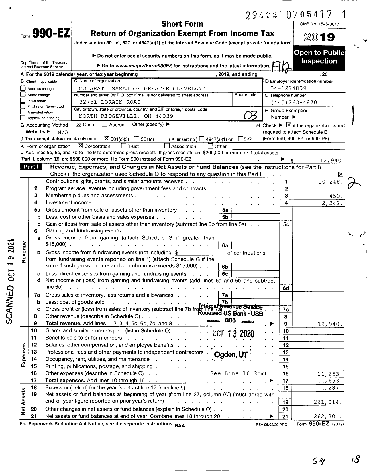 Image of first page of 2019 Form 990EZ for Gujarati Samaj of Greater Cleveland