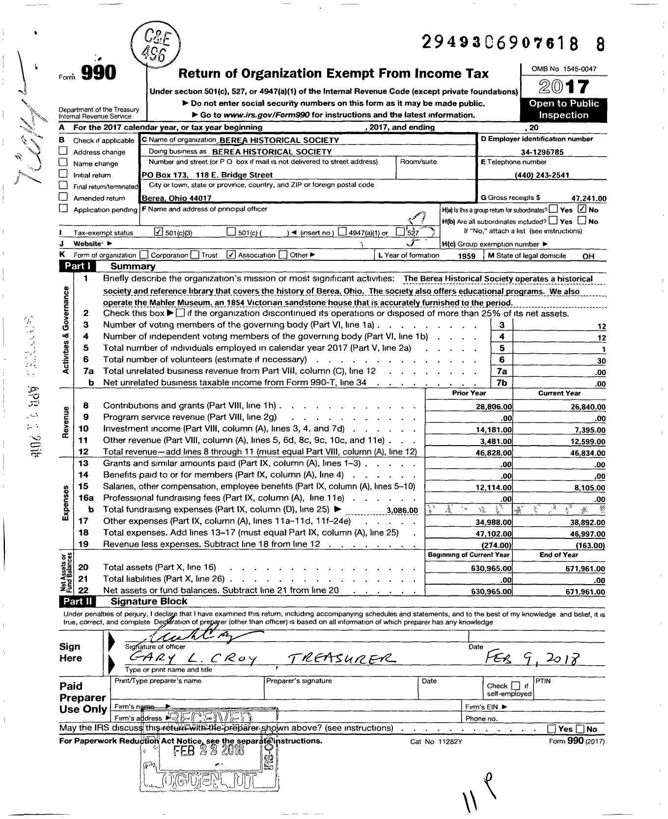 Image of first page of 2017 Form 990 for Berea Historical Society