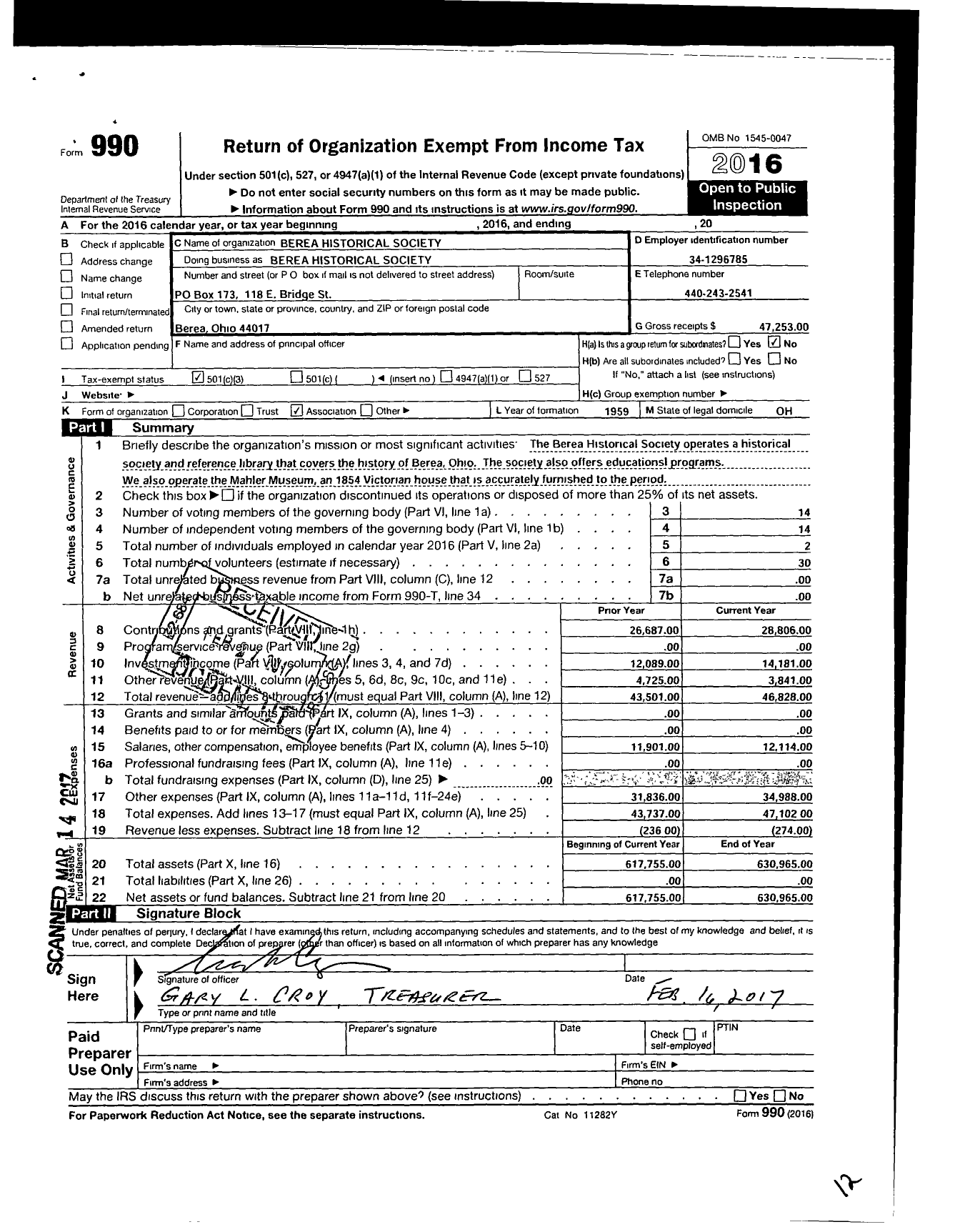 Image of first page of 2016 Form 990 for Berea Historical Society