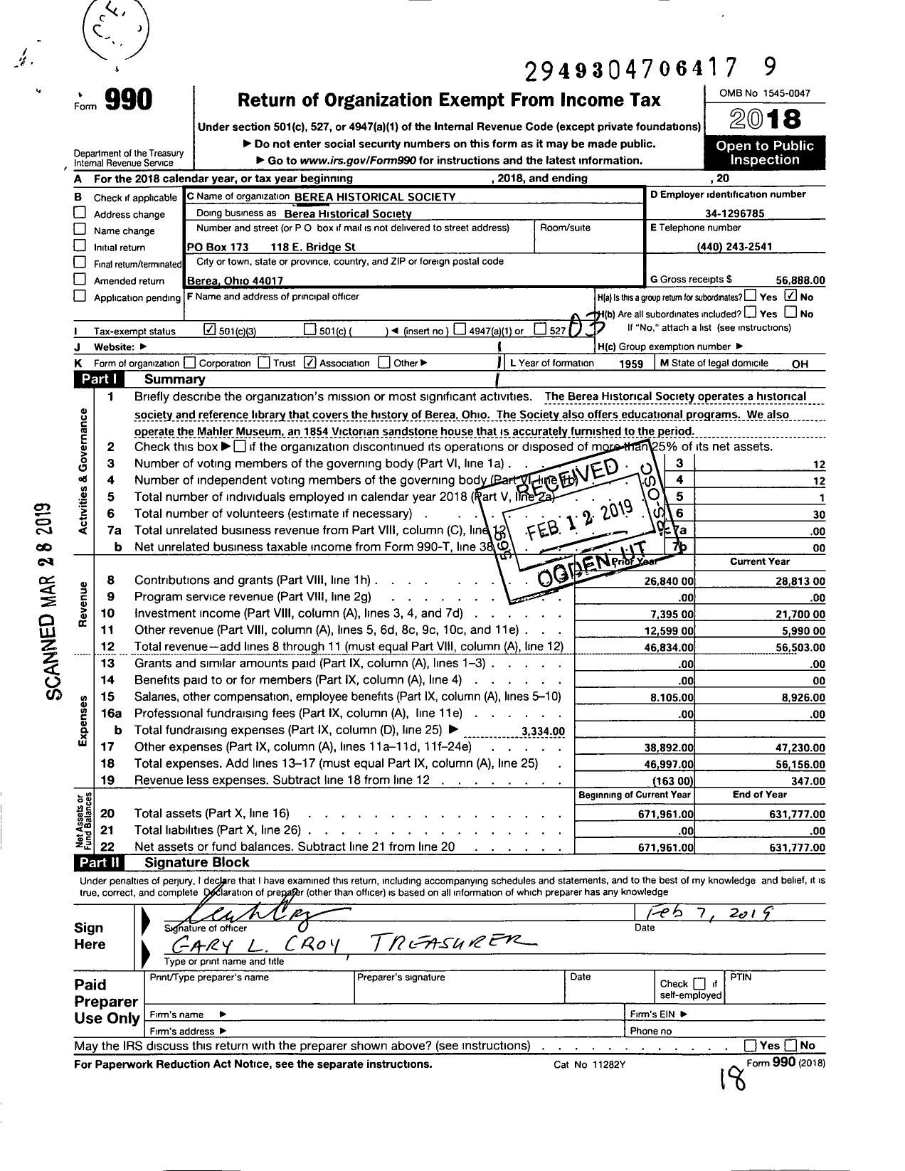 Image of first page of 2018 Form 990 for Berea Historical Society