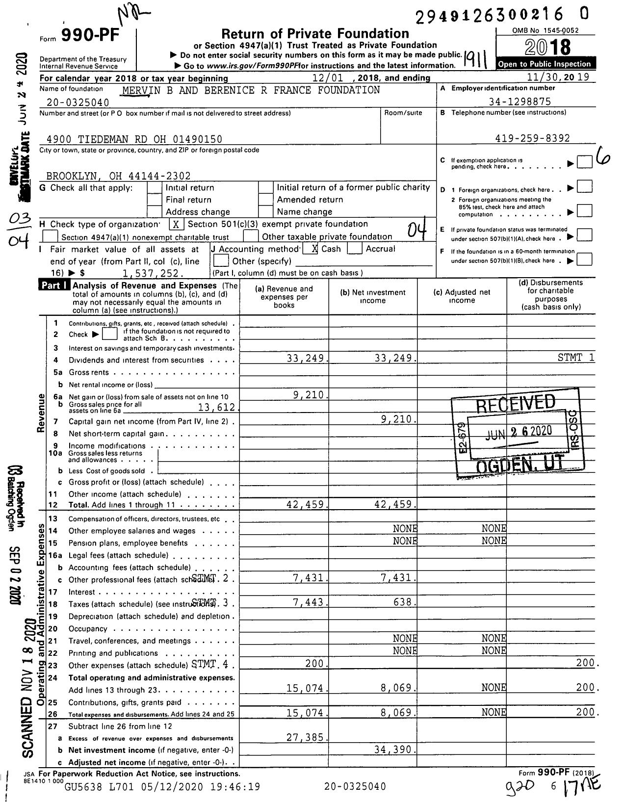 Image of first page of 2018 Form 990PF for Mervin B and Berenice R France Foundation