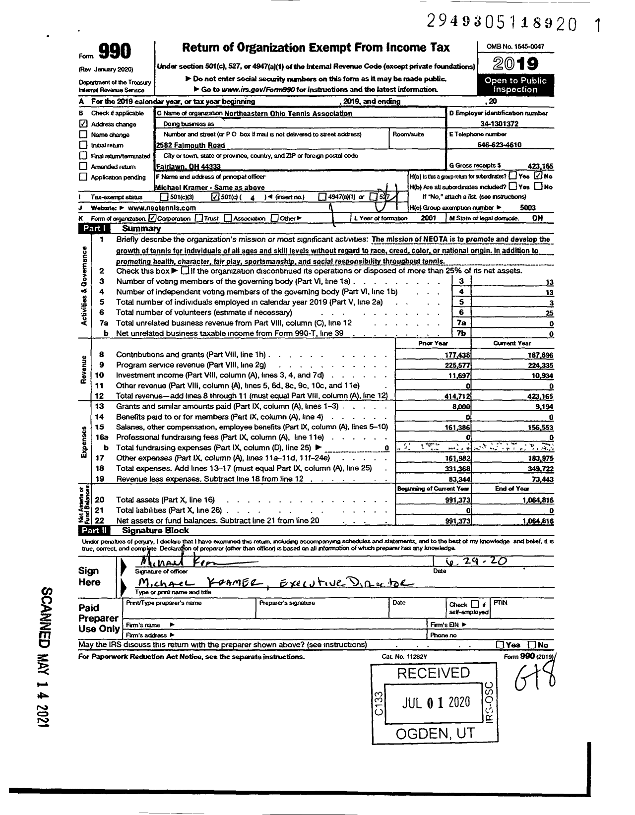 Image of first page of 2019 Form 990O for United States Tennis Association / Northeastern Ohio Tennis Association