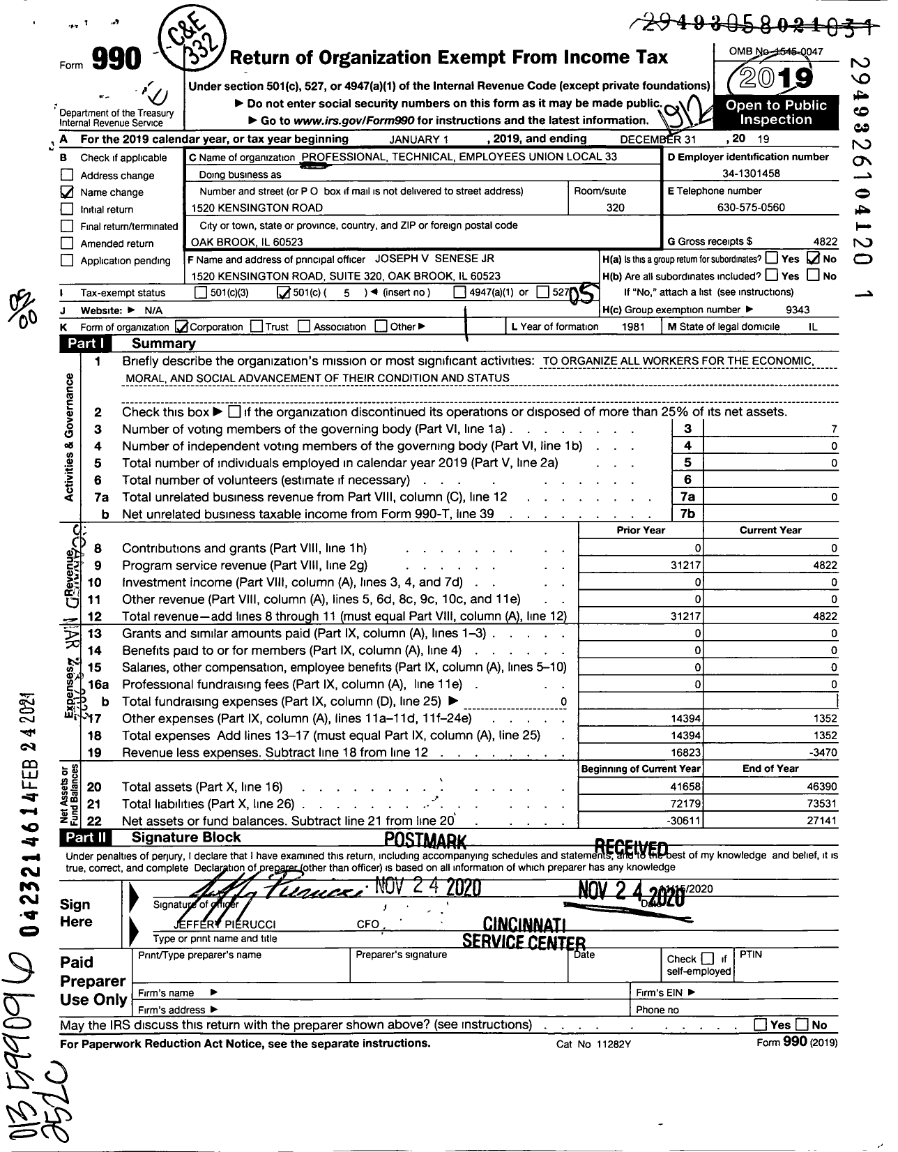 Image of first page of 2019 Form 990O for Professional Technical Employees Union - 33 Local