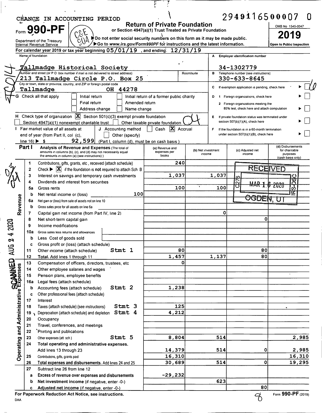 Image of first page of 2019 Form 990PR for Tallmadge Historical Society