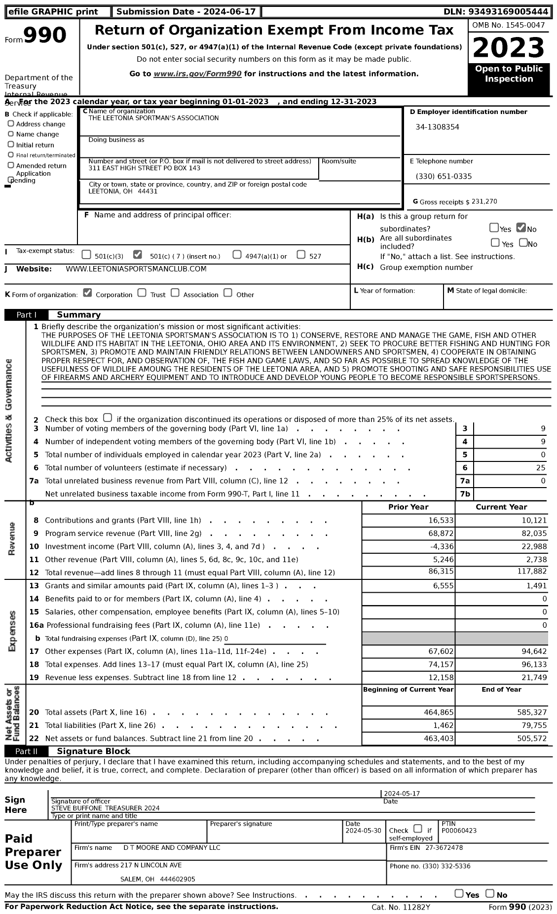 Image of first page of 2023 Form 990 for The Leetonia Sportman's Association