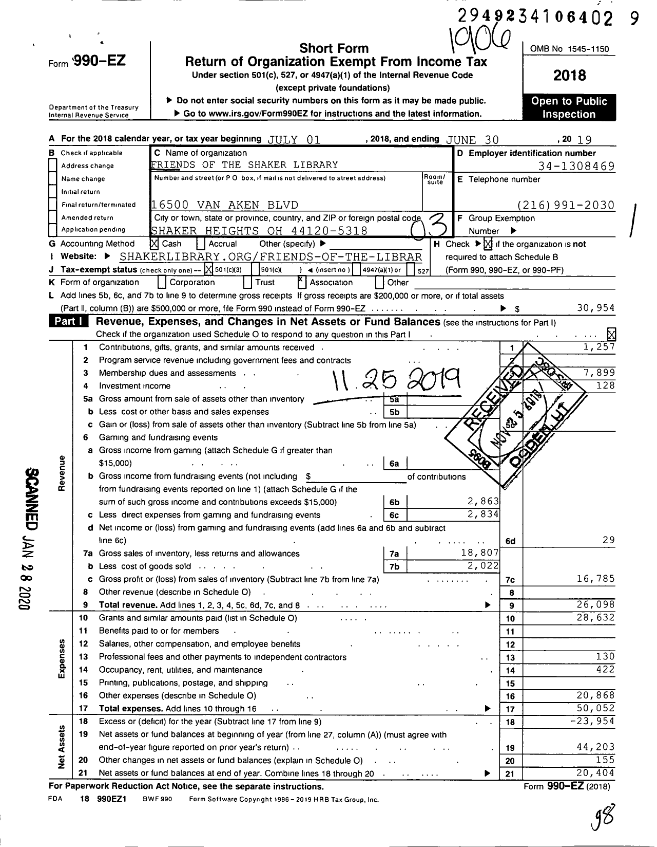 Image of first page of 2018 Form 990EZ for Friends of the Shaker Library