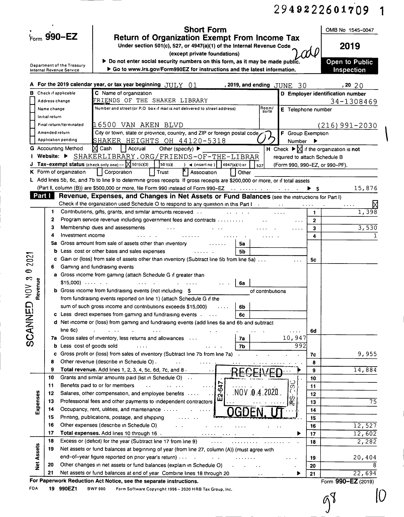 Image of first page of 2019 Form 990EZ for Friends of the Shaker Library