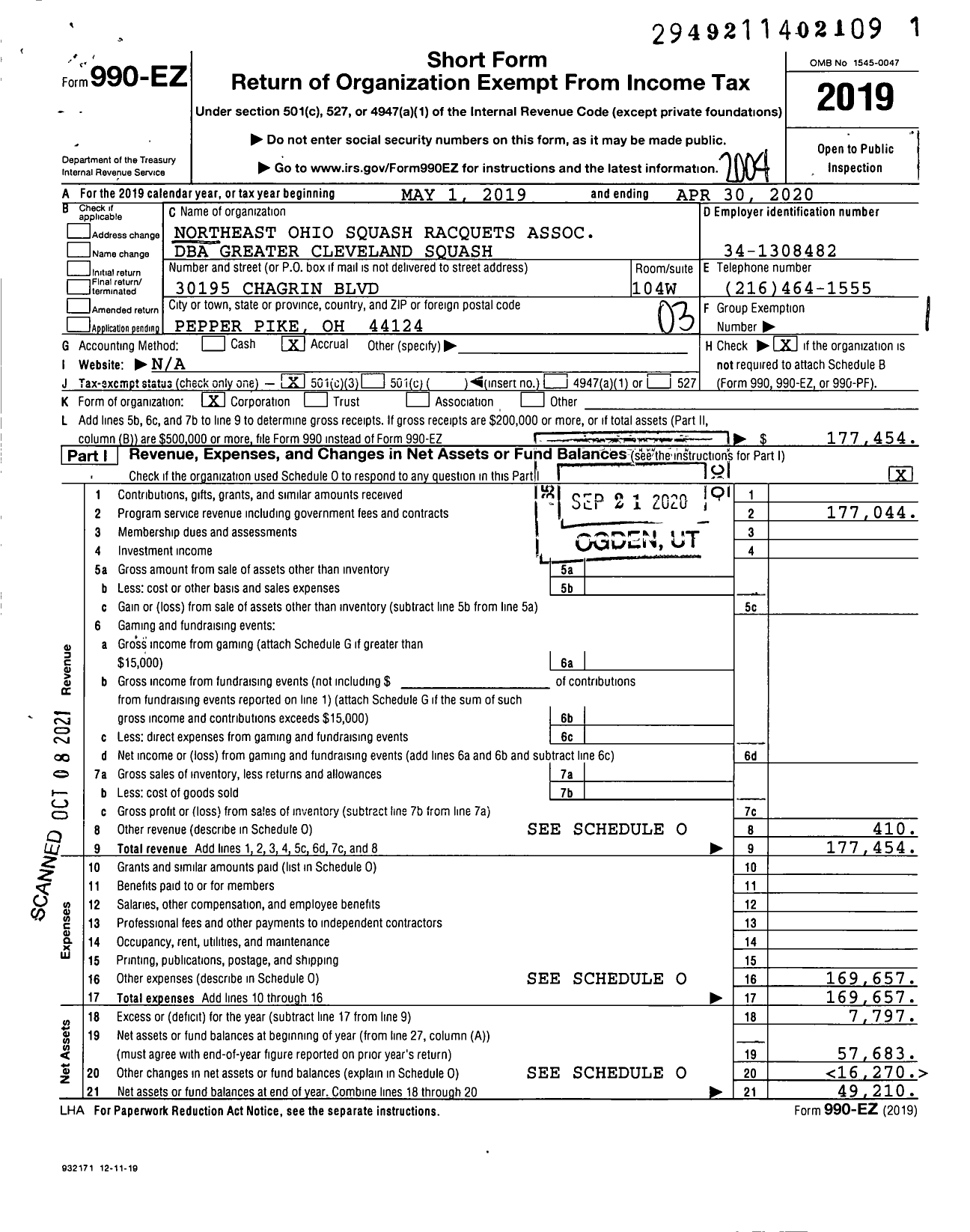 Image of first page of 2019 Form 990EZ for Greater Cleveland Squash