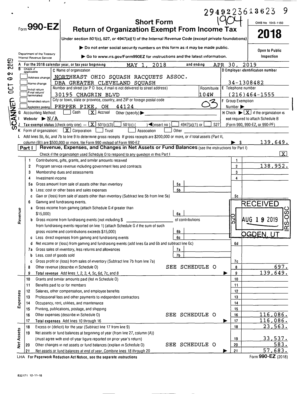 Image of first page of 2018 Form 990EZ for Greater Cleveland Squash