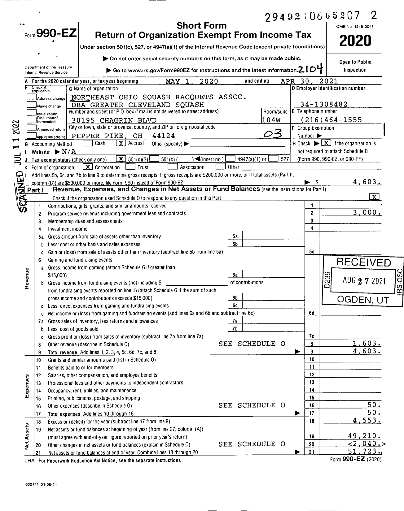 Image of first page of 2020 Form 990EZ for Greater Cleveland Squash