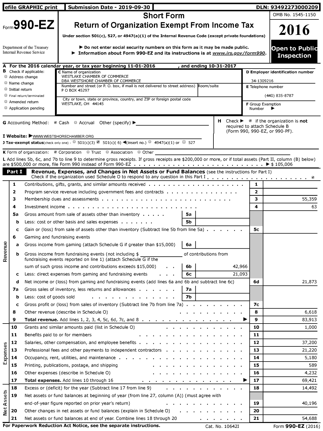 Image of first page of 2016 Form 990EZ for Westshore Chamber of Commerce