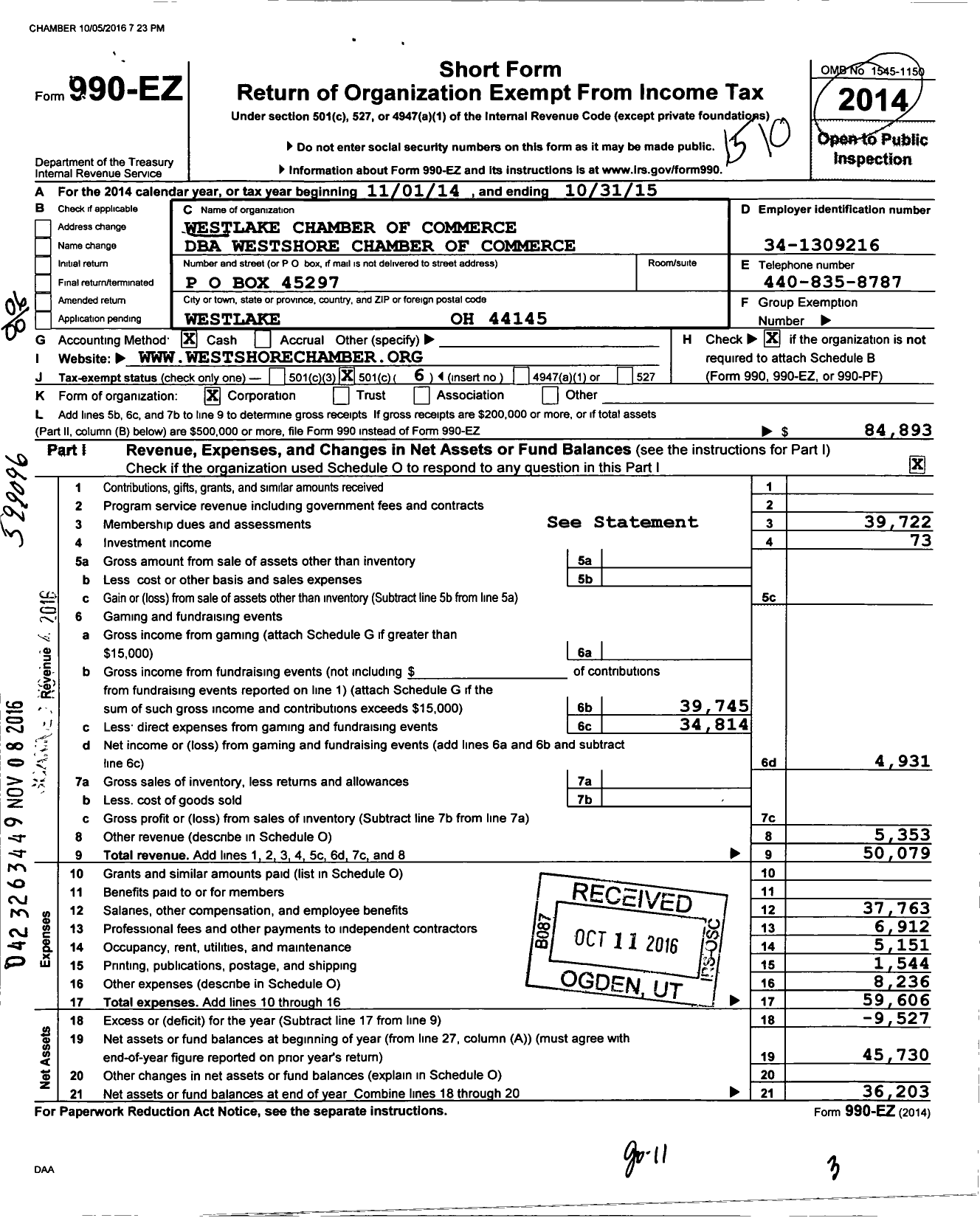 Image of first page of 2014 Form 990EO for Westshore Chamber of Commerce