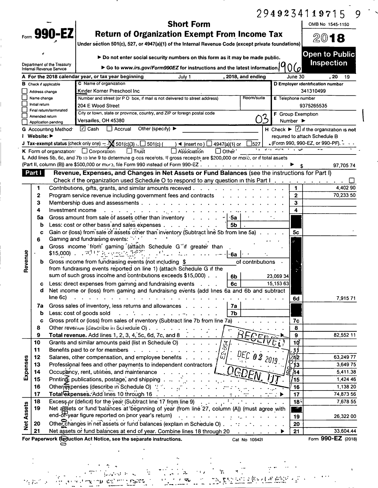 Image of first page of 2018 Form 990EZ for Kinder Korner Preschool