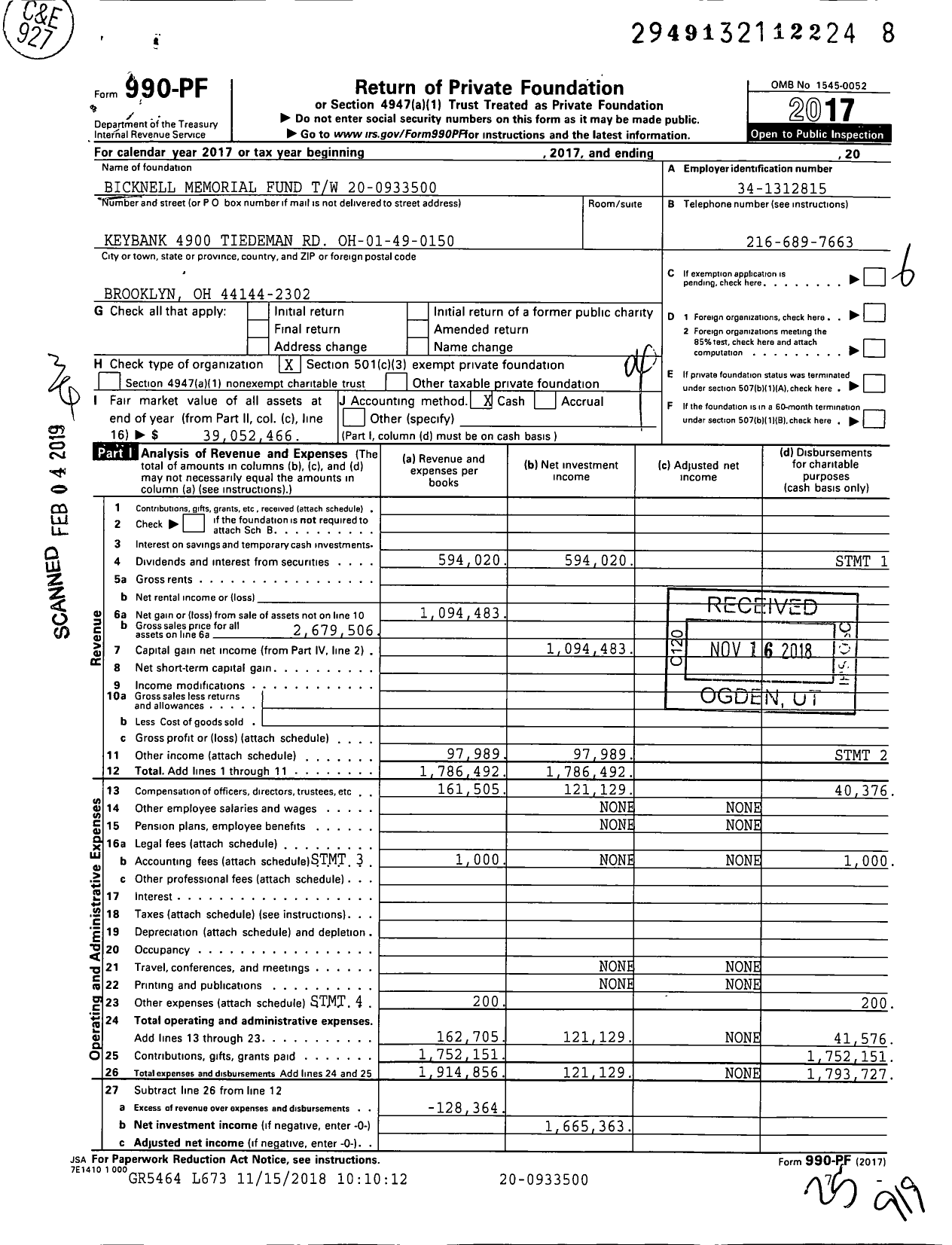 Image of first page of 2017 Form 990PF for Bicknell Memorial Fund TW