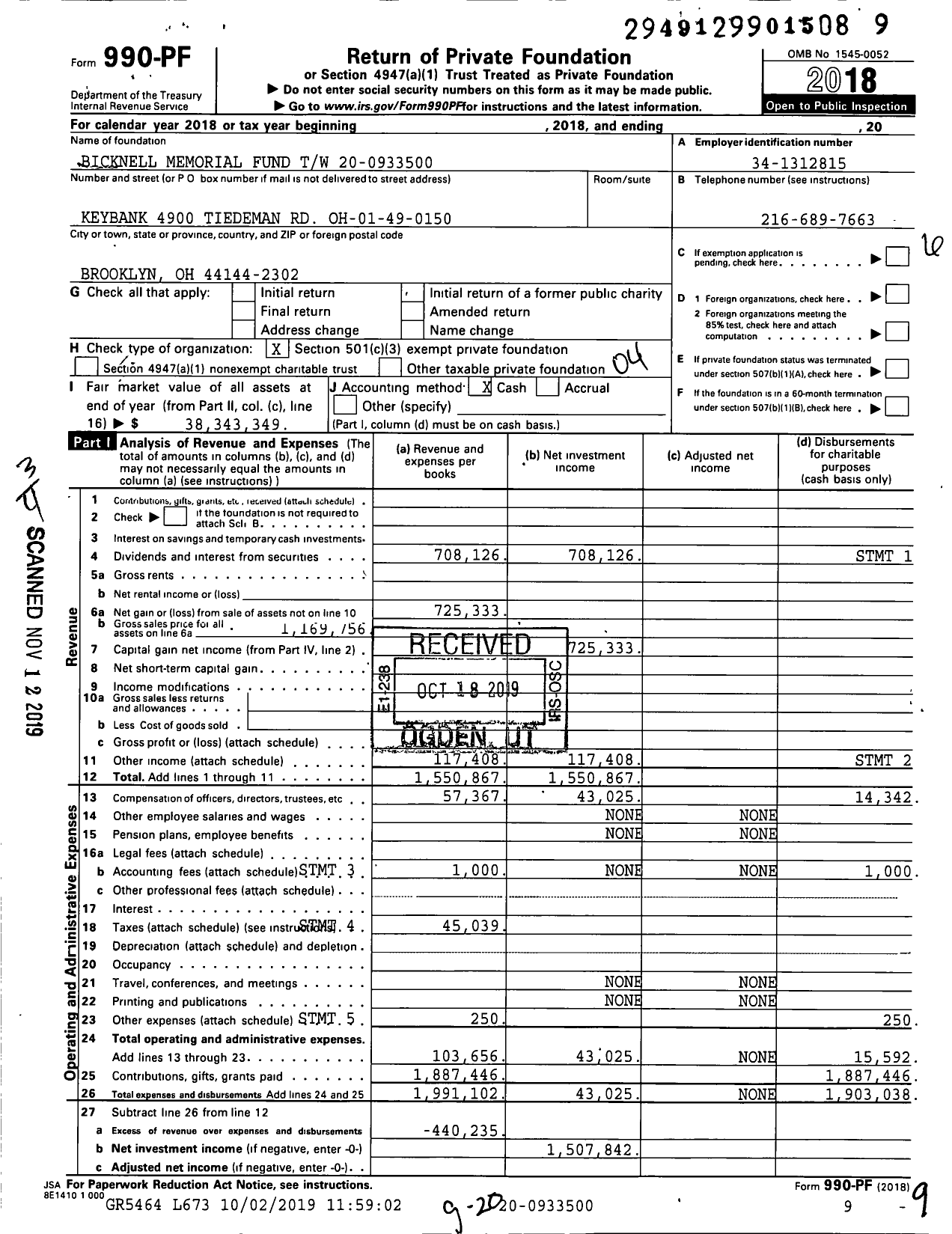 Image of first page of 2018 Form 990PF for Bicknell Memorial Fund TW