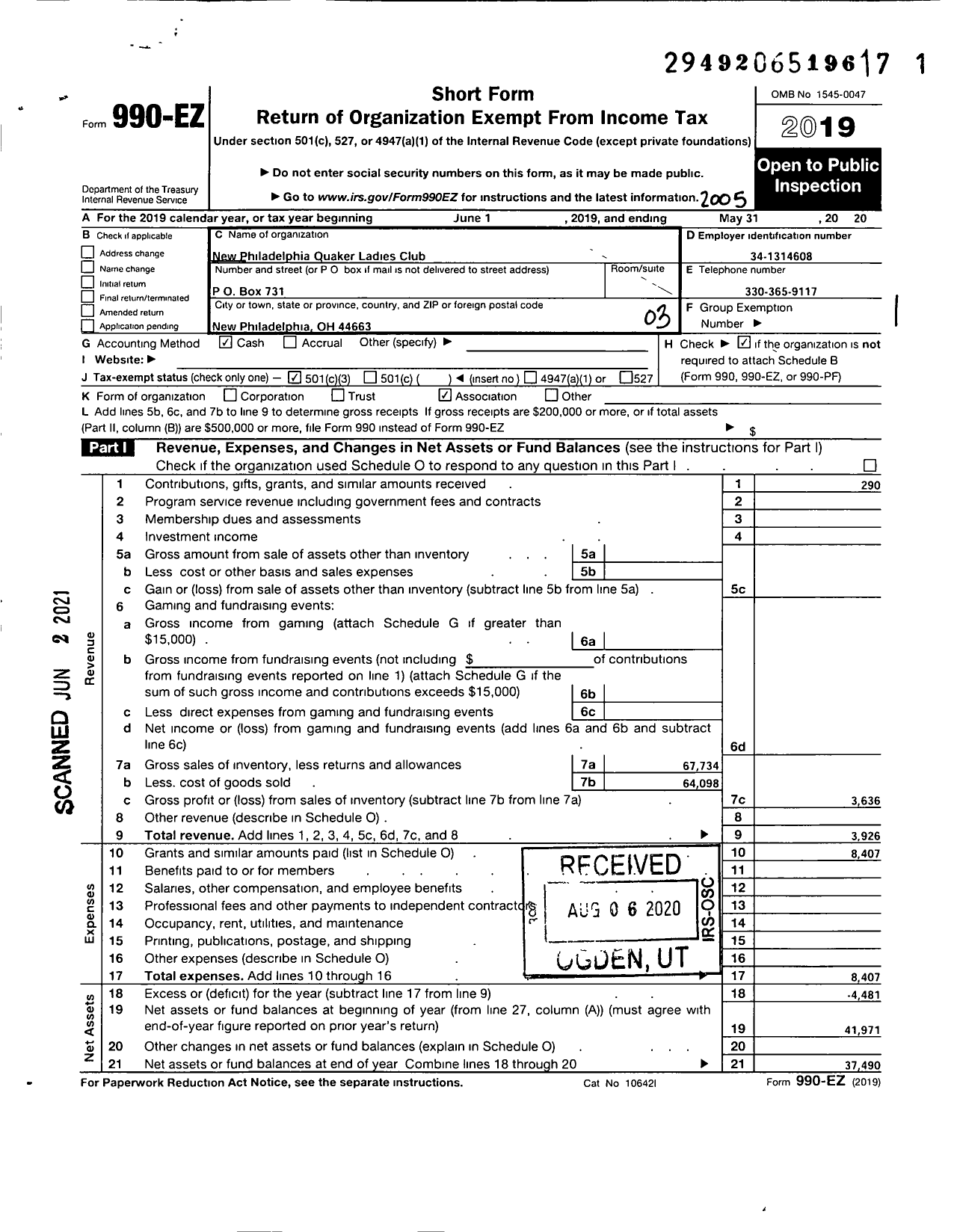 Image of first page of 2019 Form 990EZ for New Philadelphia Quaker Ladies Club