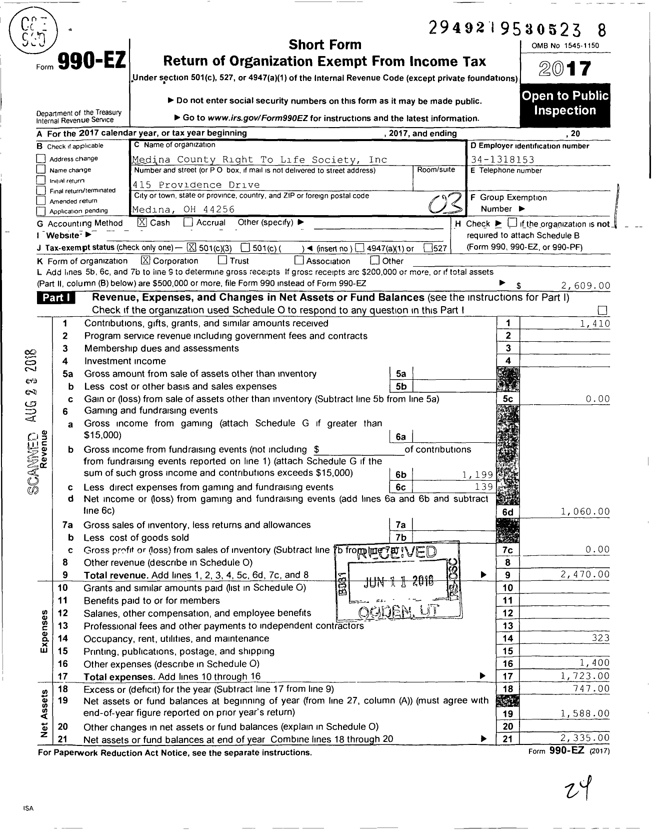 Image of first page of 2017 Form 990EZ for Medina County Right To Life Society