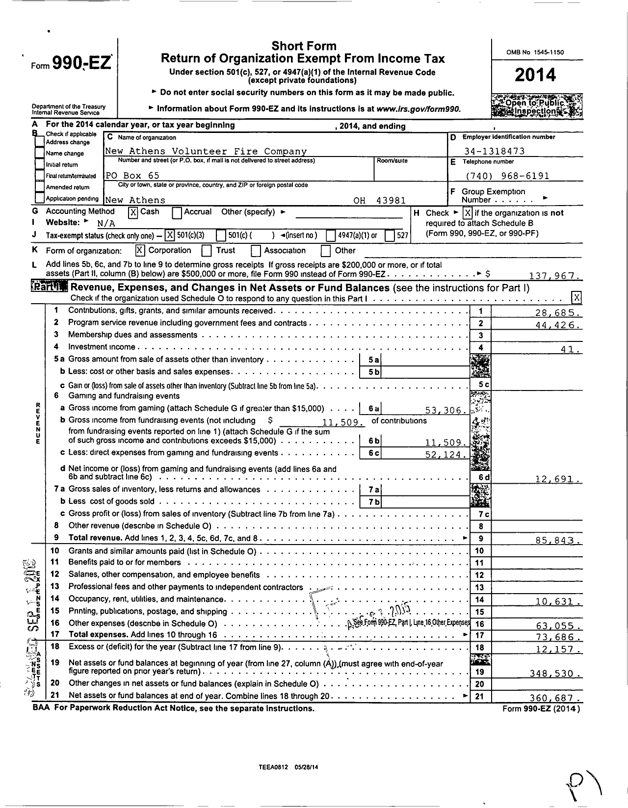 Image of first page of 2014 Form 990EZ for New Athens Volunteer Fire Company