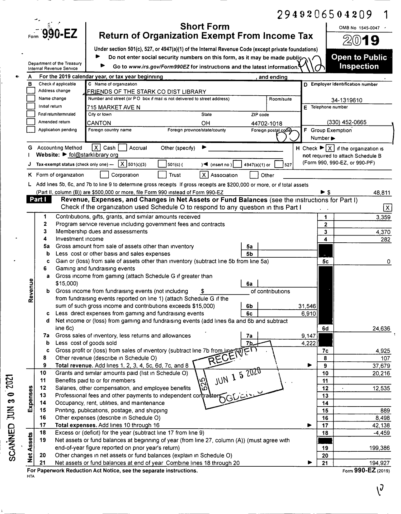 Image of first page of 2019 Form 990EZ for Friends of Stark Library