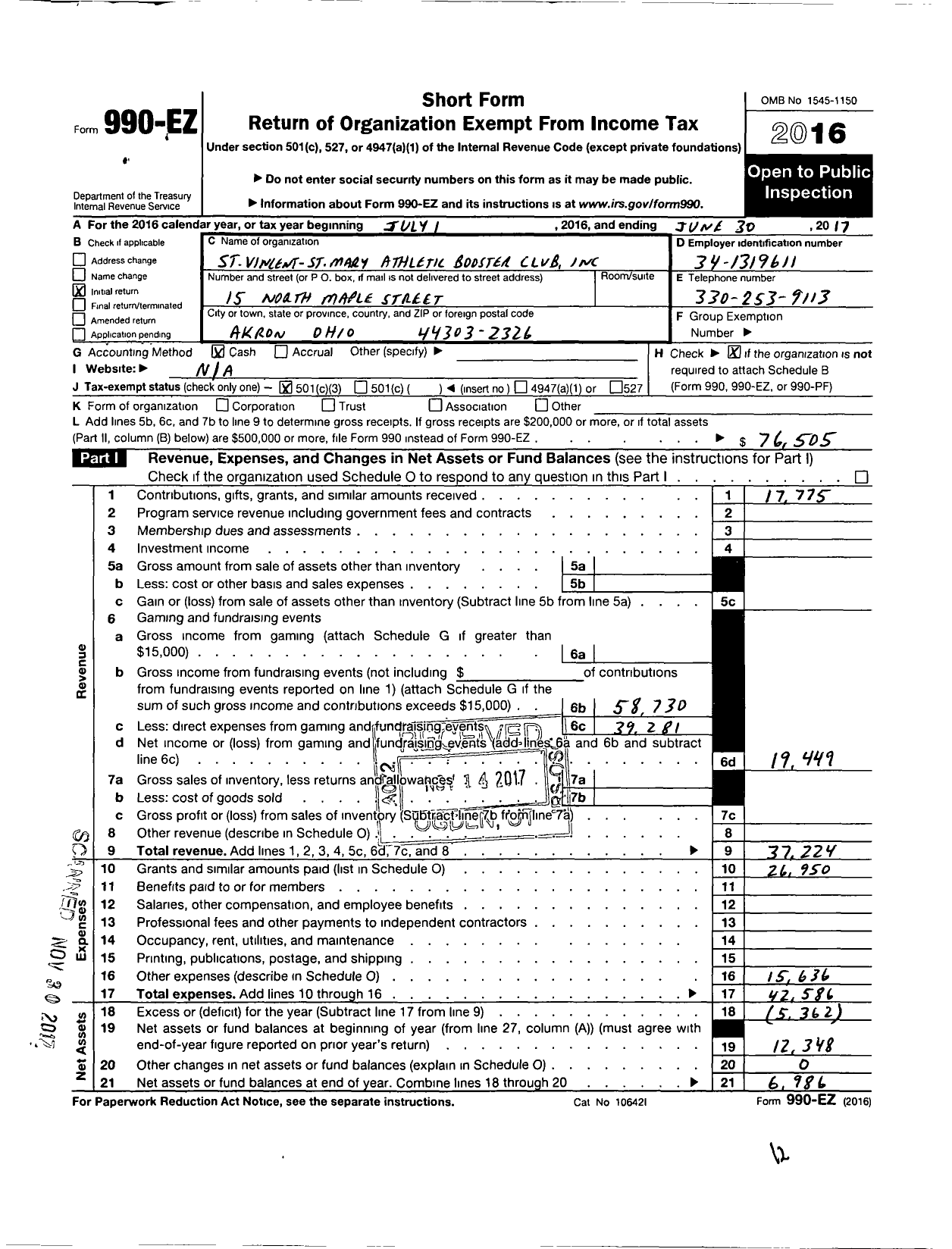 Image of first page of 2016 Form 990EZ for St Vincent-St Mary Athletic Booster Club