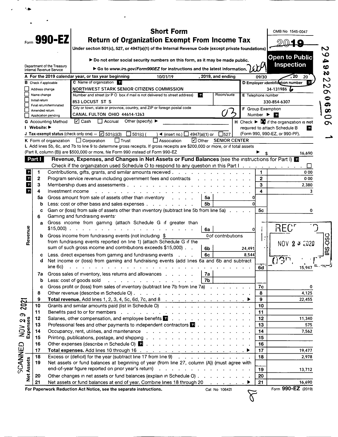 Image of first page of 2019 Form 990EZ for Northwest Stark Senior Citizens Commission