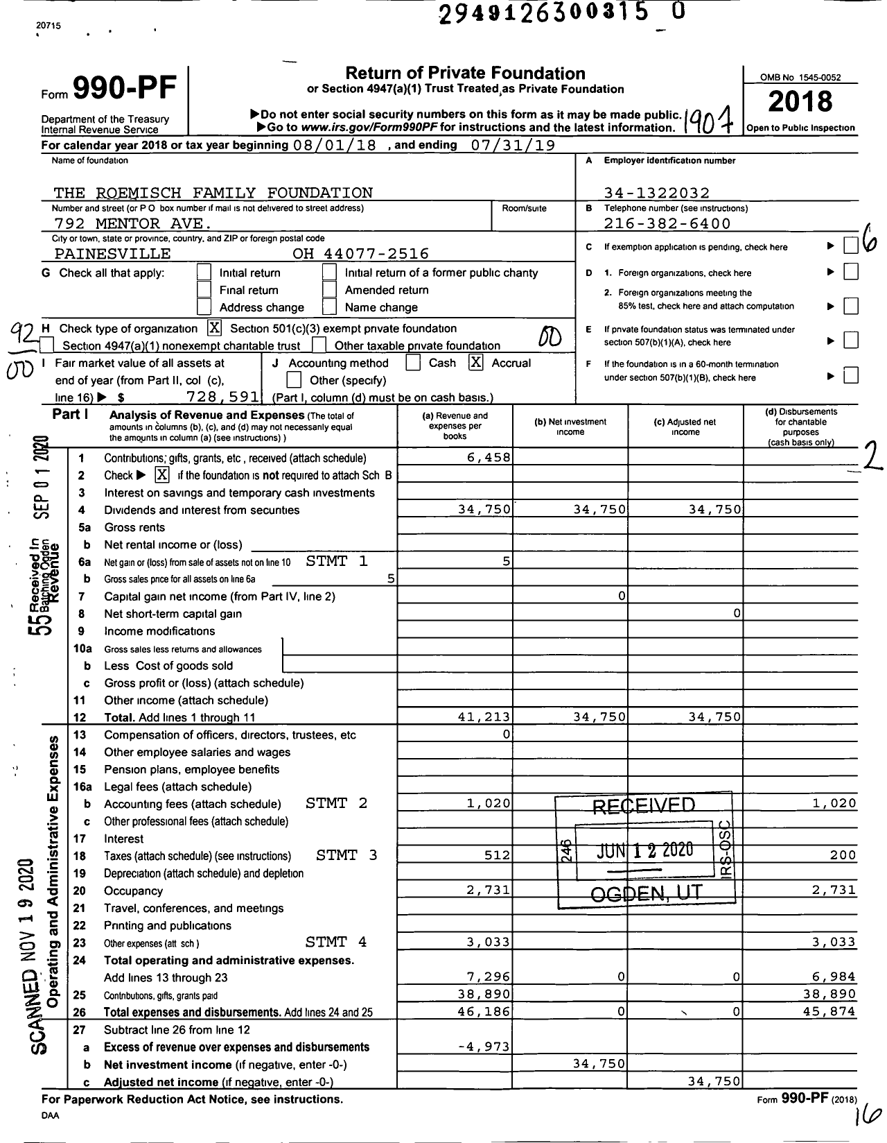 Image of first page of 2018 Form 990PF for The Roemisch Family Foundation